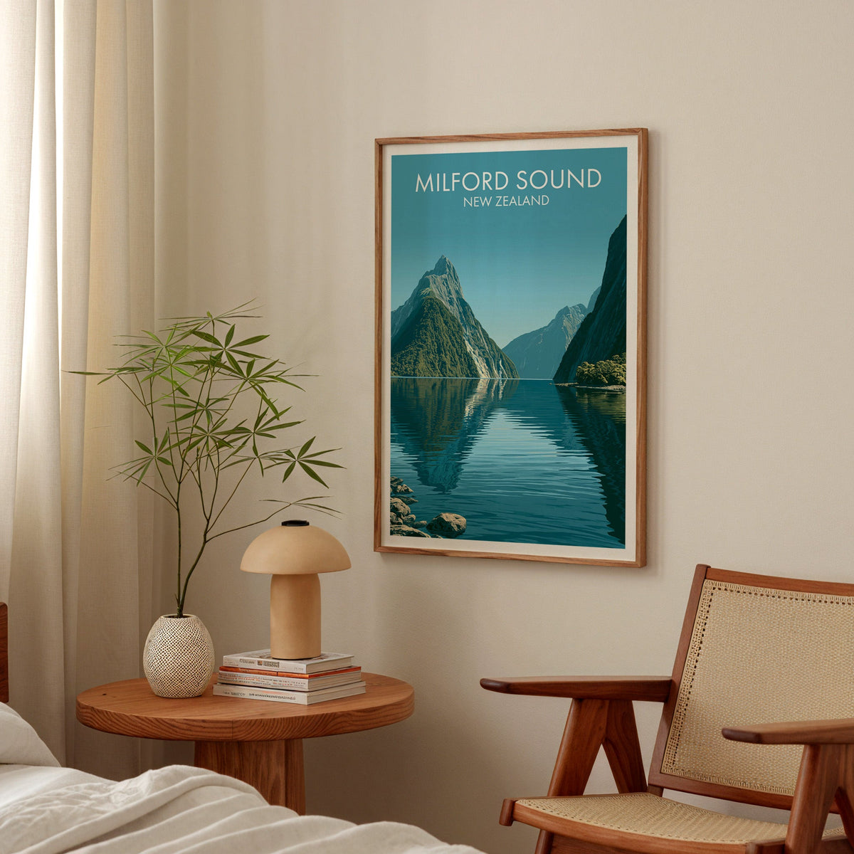 Mirrored summit art in oak above a bedside table with a mushroom lamp and bamboo stems in a vase