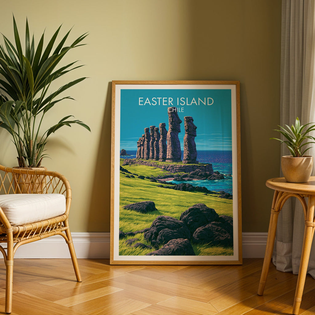 Stone statue poster in an oak frame on herringbone floor by an olive wall, rattan chair and a tall palm plant