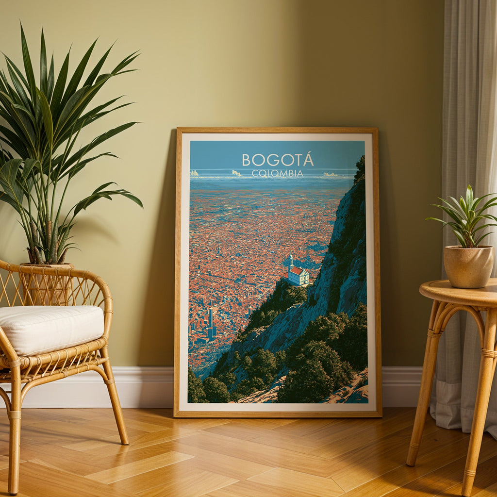 Andean ridge print in an oak frame on a herringbone floor against an olive wall with a rattan chair and tall palm