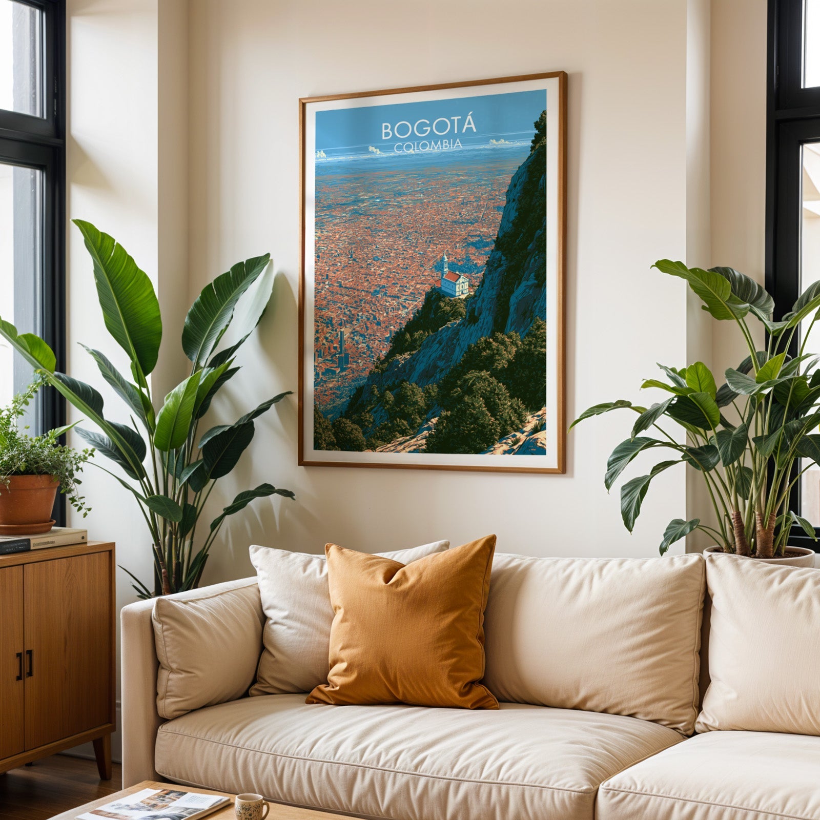 Colombian mountain chapel art in an oak frame above a cream sofa with rust cushions and two tropical plants