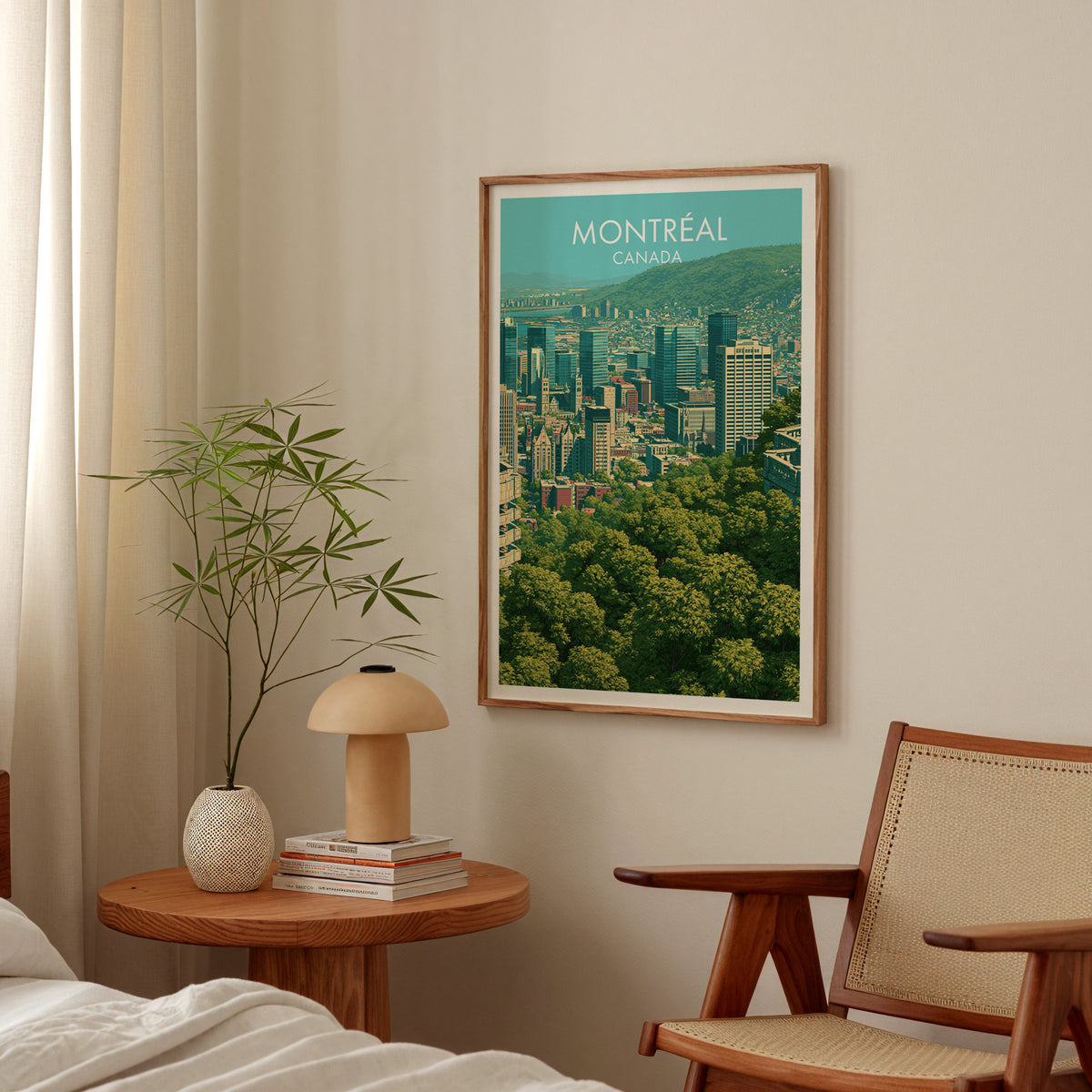Montreal Mount Royal skyline poster in an oak frame above a bedside table with a mushroom lamp