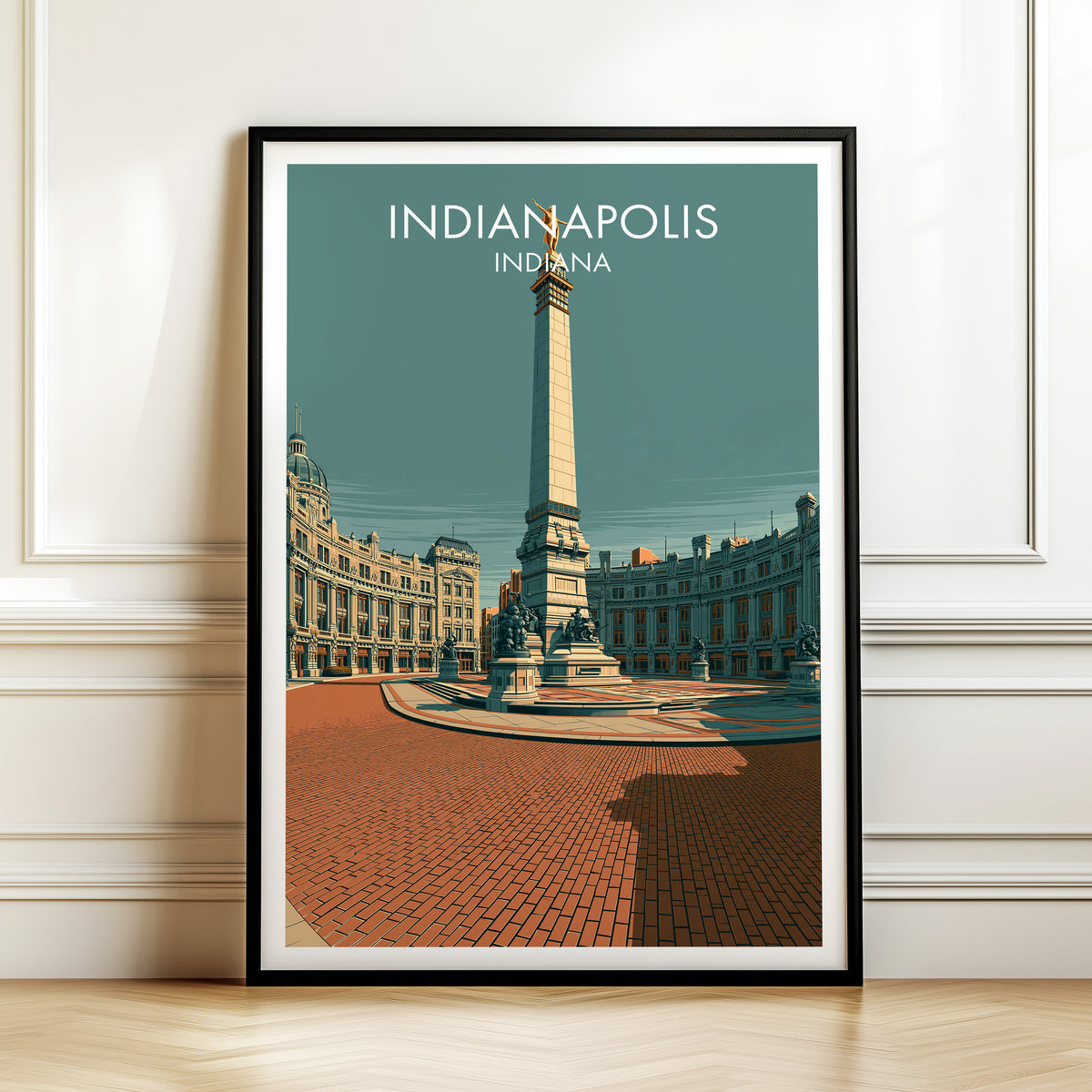 Indiana city square print in a black frame leaning on a panelled wall above a herringbone floor.