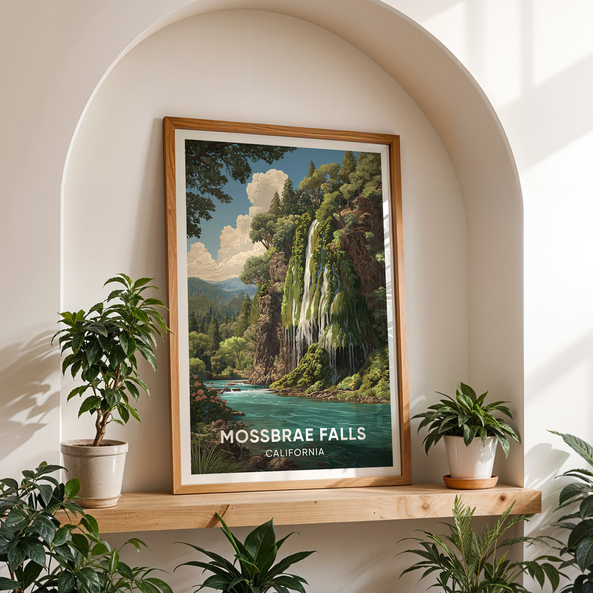 Mossbrae Falls canvas print in oak on a shelf set into a white arched niche between potted plants