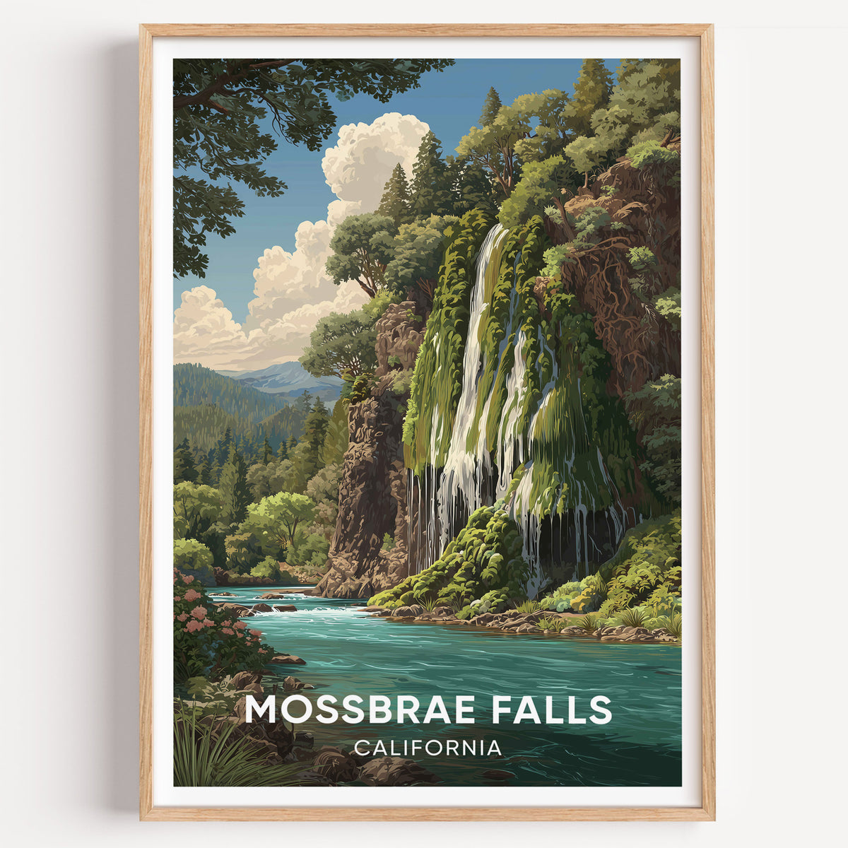 Mossbrae Falls travel poster in an oak frame on a plain white wall, water veils over a moss wall