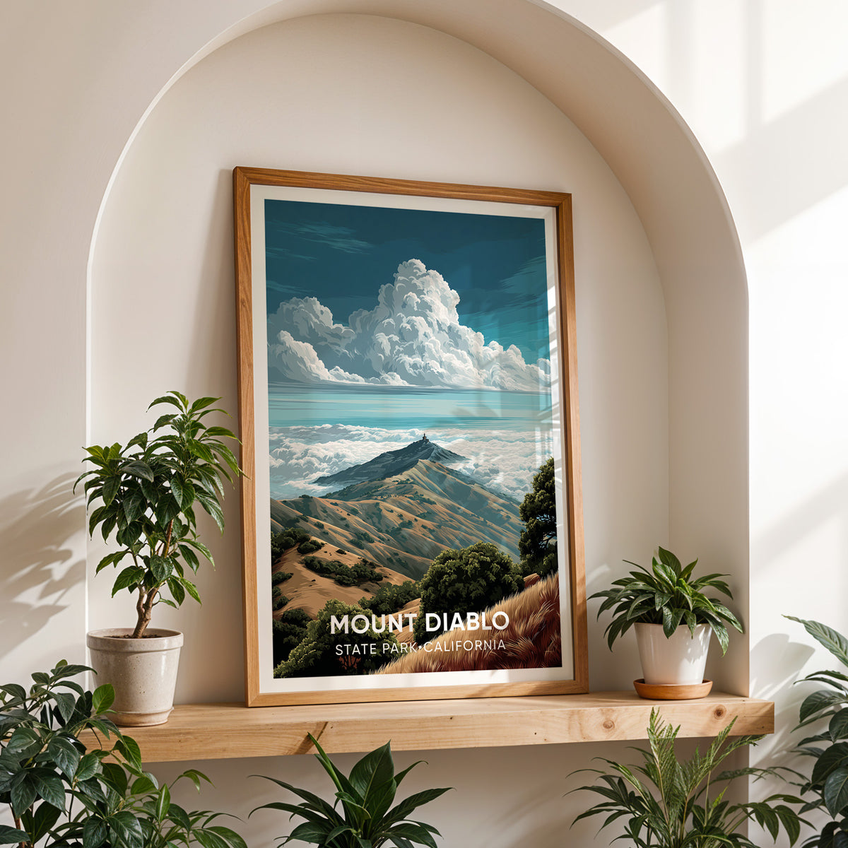 Mount Diablo canvas print in oak on a shelf in a white arched recess with plants on either side