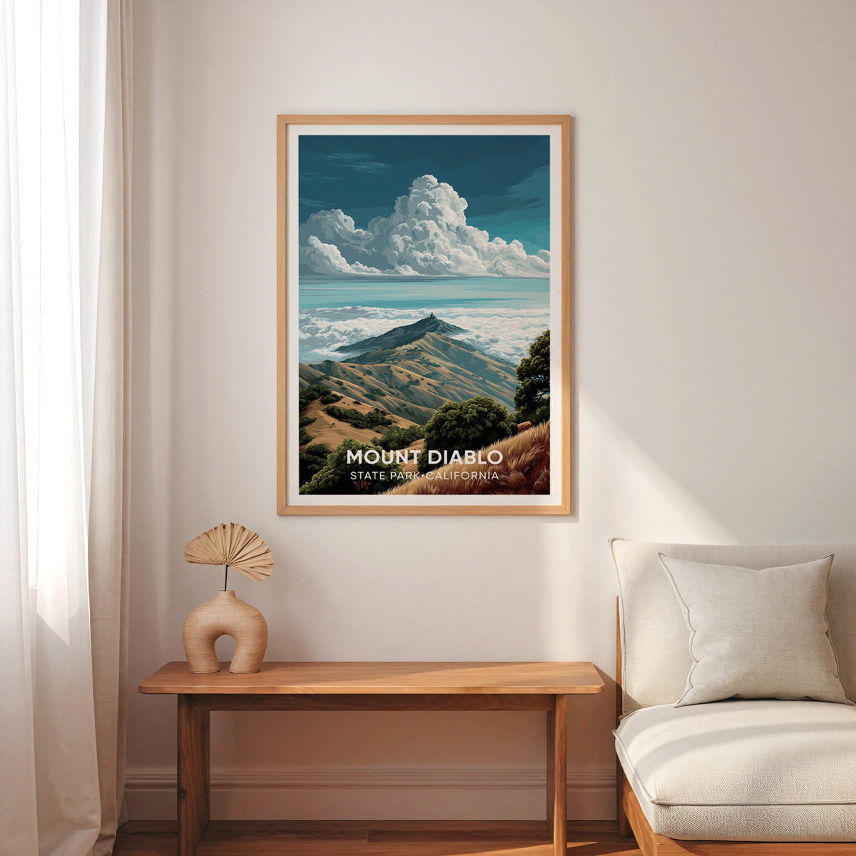 Mount Diablo wall art in oak above a slim bench with a cream armchair and sheer voile curtains