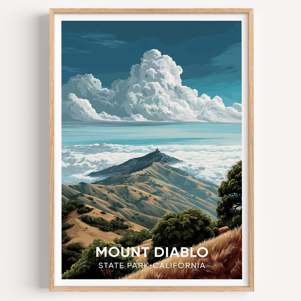 Mount Diablo State Park travel poster in an oak frame on a white wall, summit ridge above a fog sea
