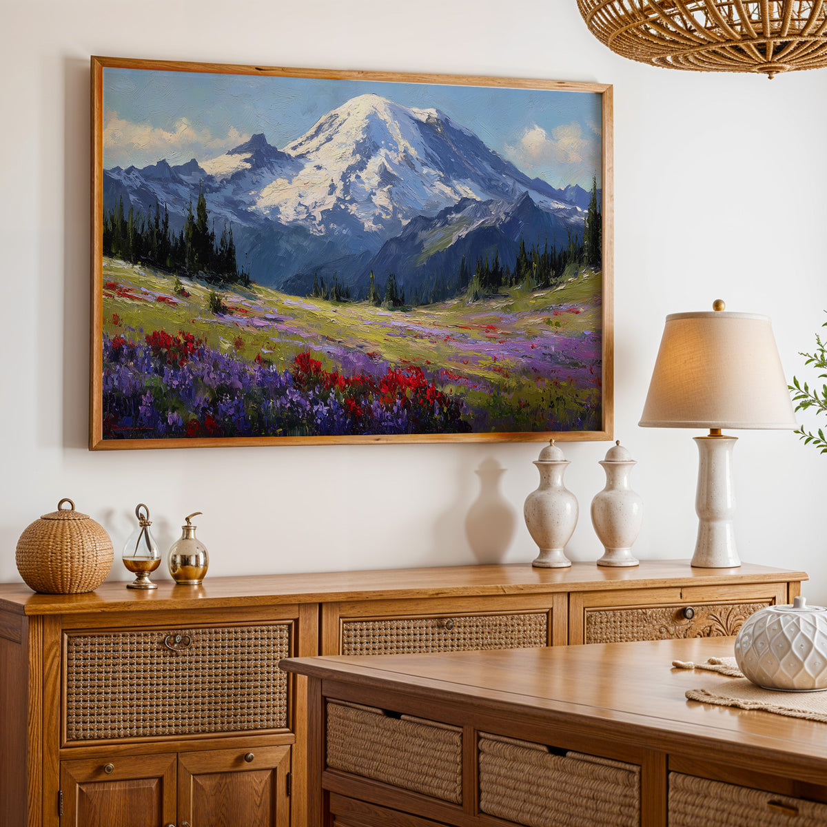 Mount Rainier National Park framed print leaning on a sunlit windowsill with a mountain view