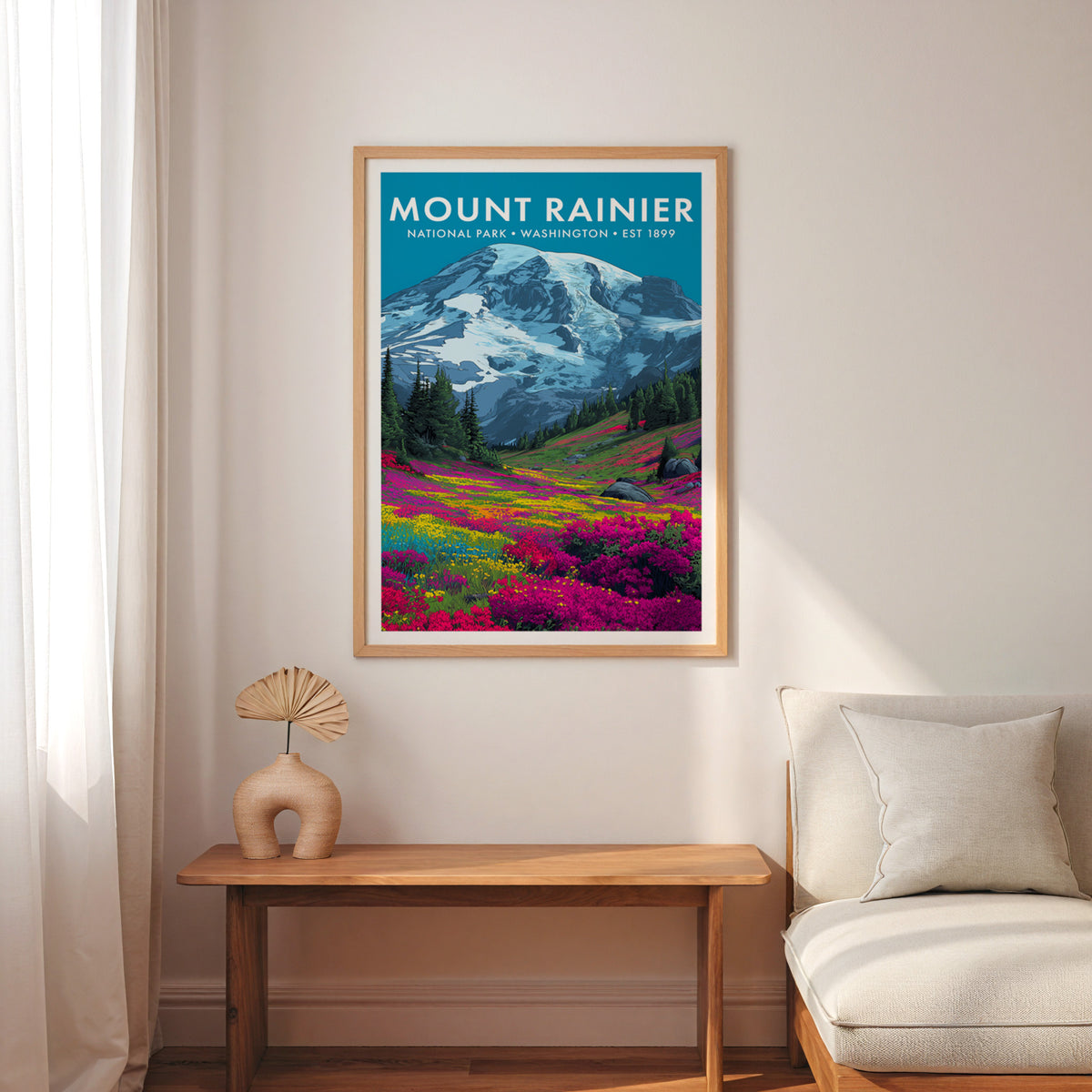 Mount Rainier National Park mid-century modern art print framed above an entry bench with a linen cushion — entryway wall art
