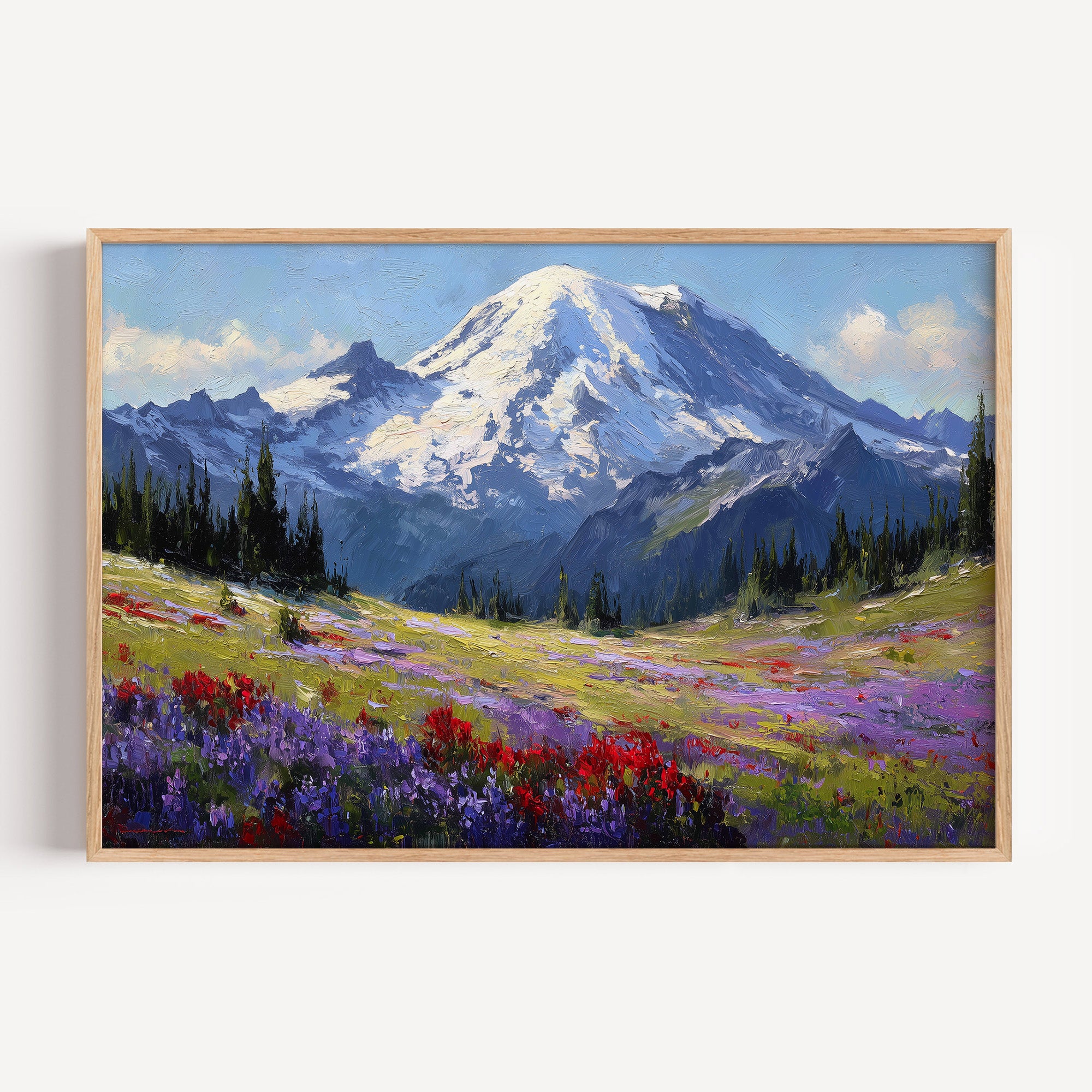 Mount Rainier National Park oil painting print in an oak frame: Rainier above a wildflower meadow