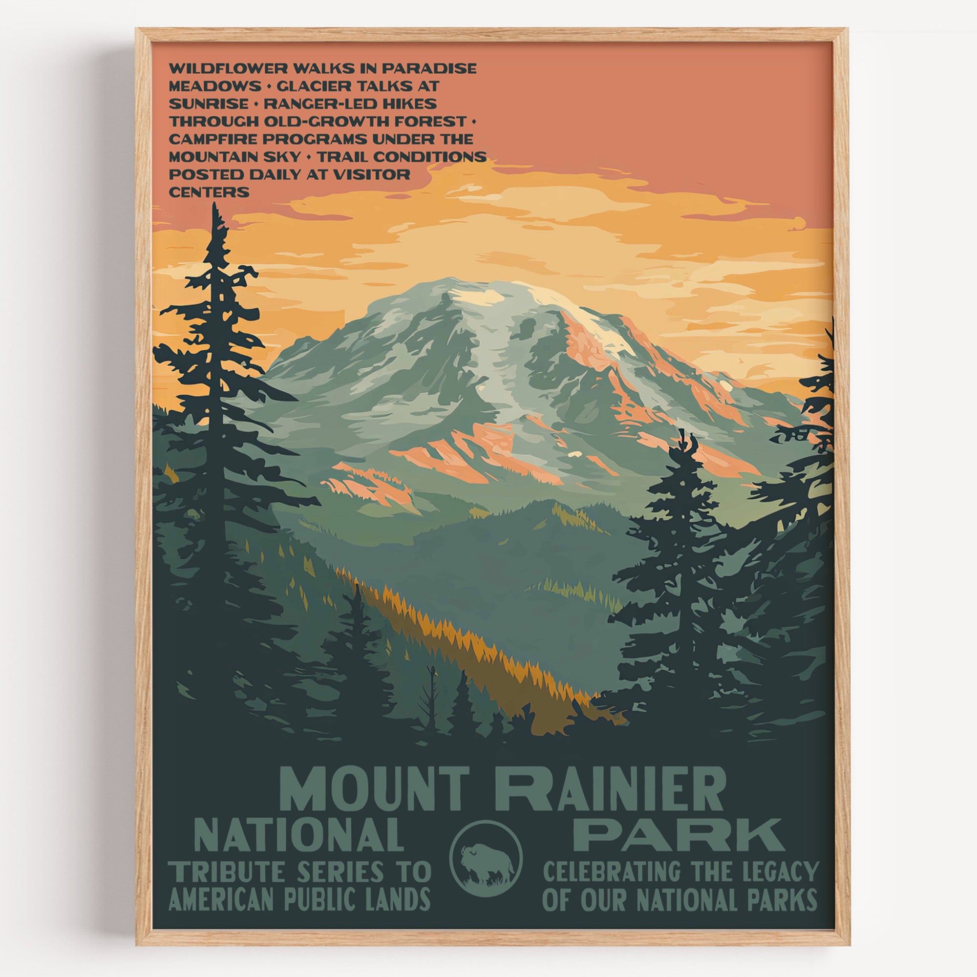 Mount Rainier National Park wall art print in a thin wood frame, the glaciated peak above a wildflower meadow and dark firs
