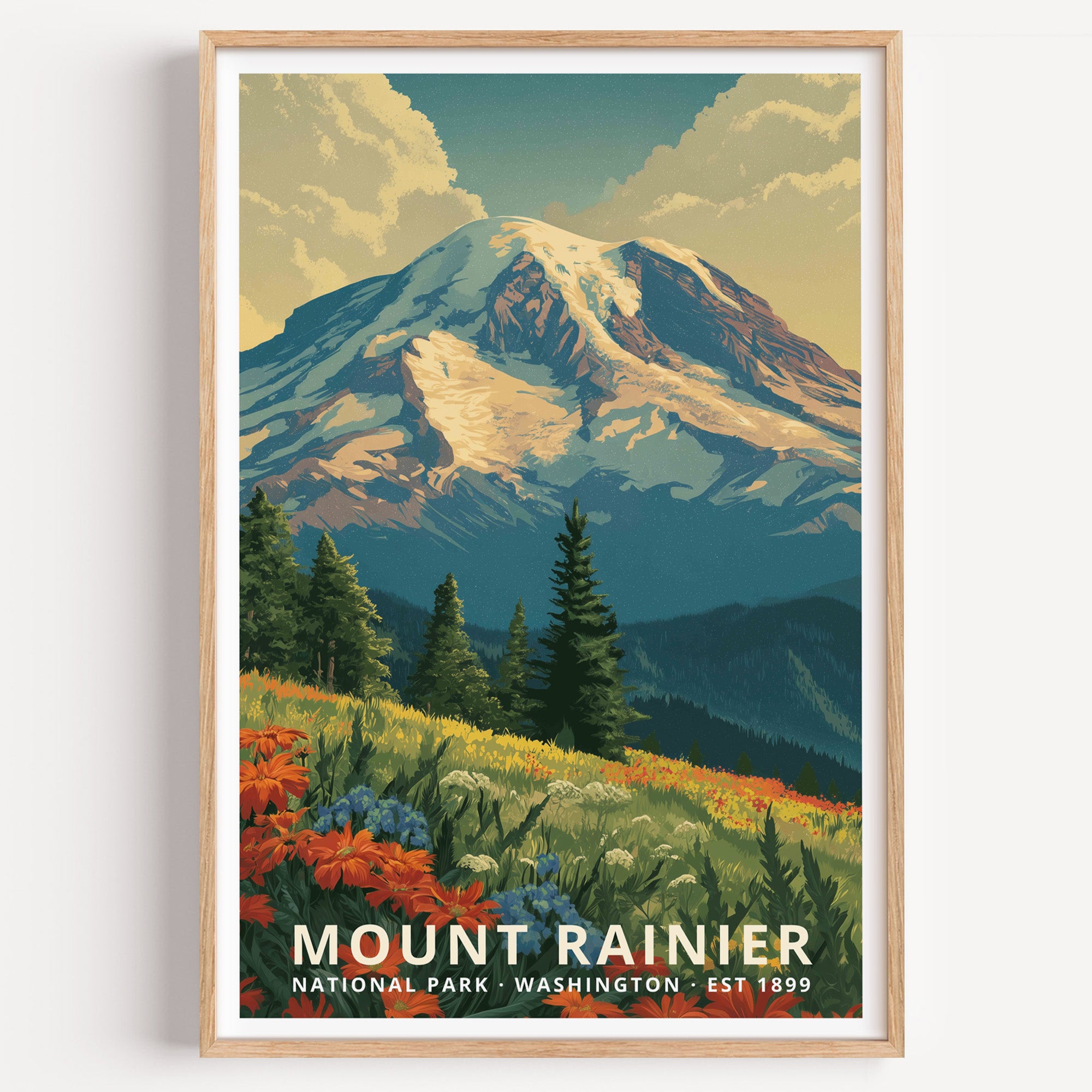 Mount Rainier National Park retro travel poster — the glaciated summit of Rainier above subalpine wildflower meadows, Washington