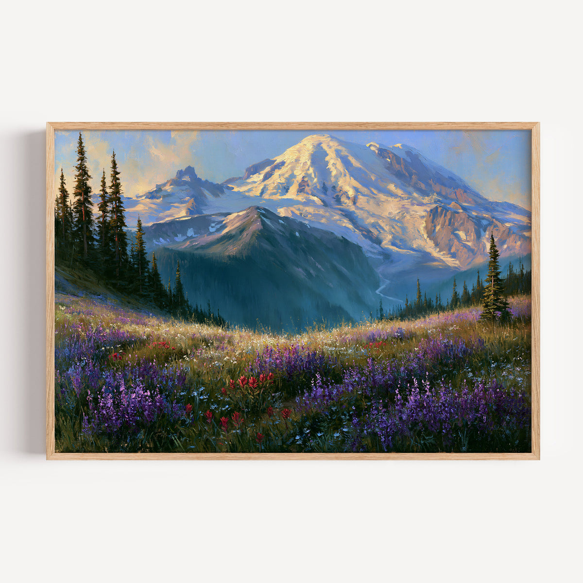 Mount Rainier classical oil painting print in an oak frame: Rainier above a wildflower meadow