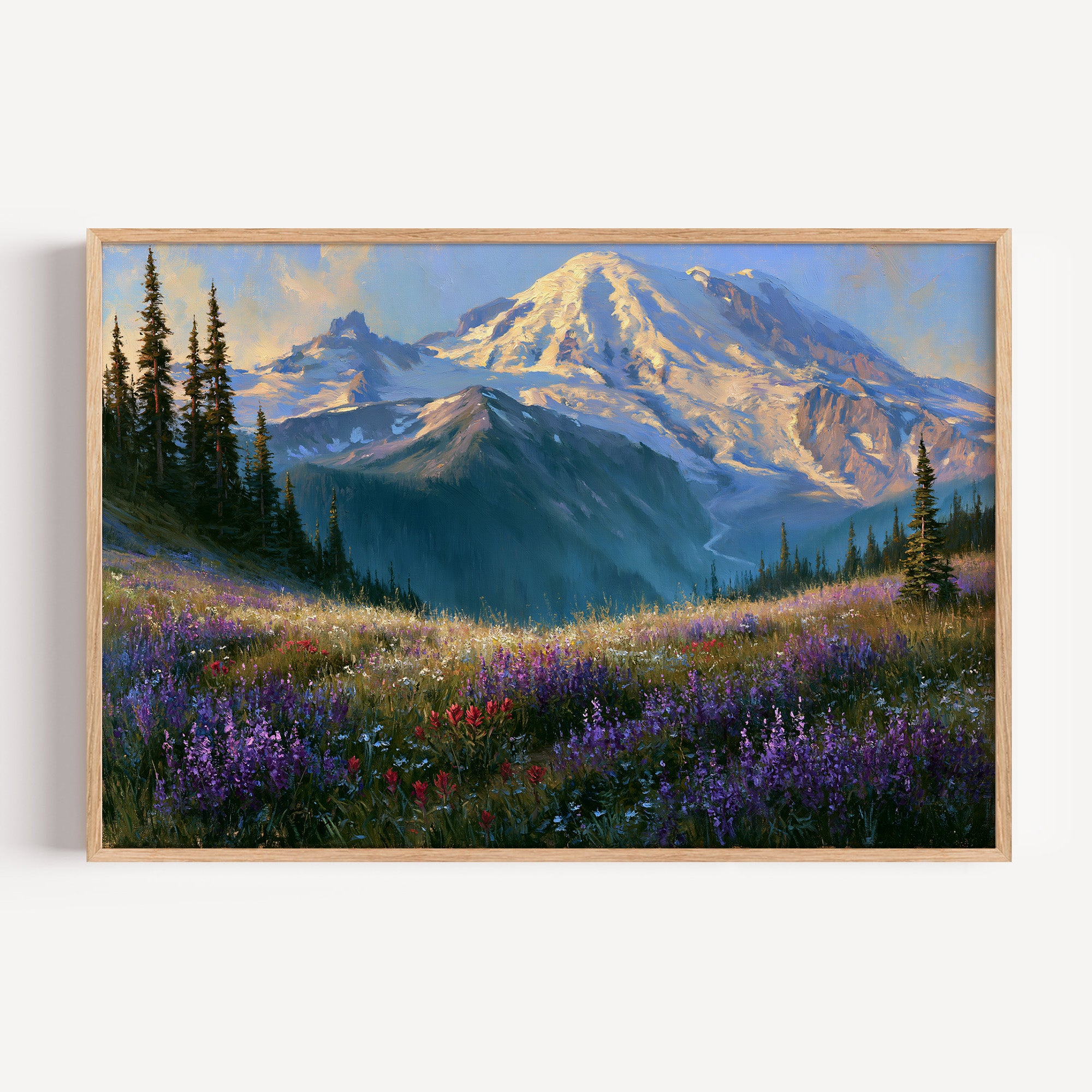 Mount Rainier classical oil painting print in an oak frame: Rainier above a wildflower meadow