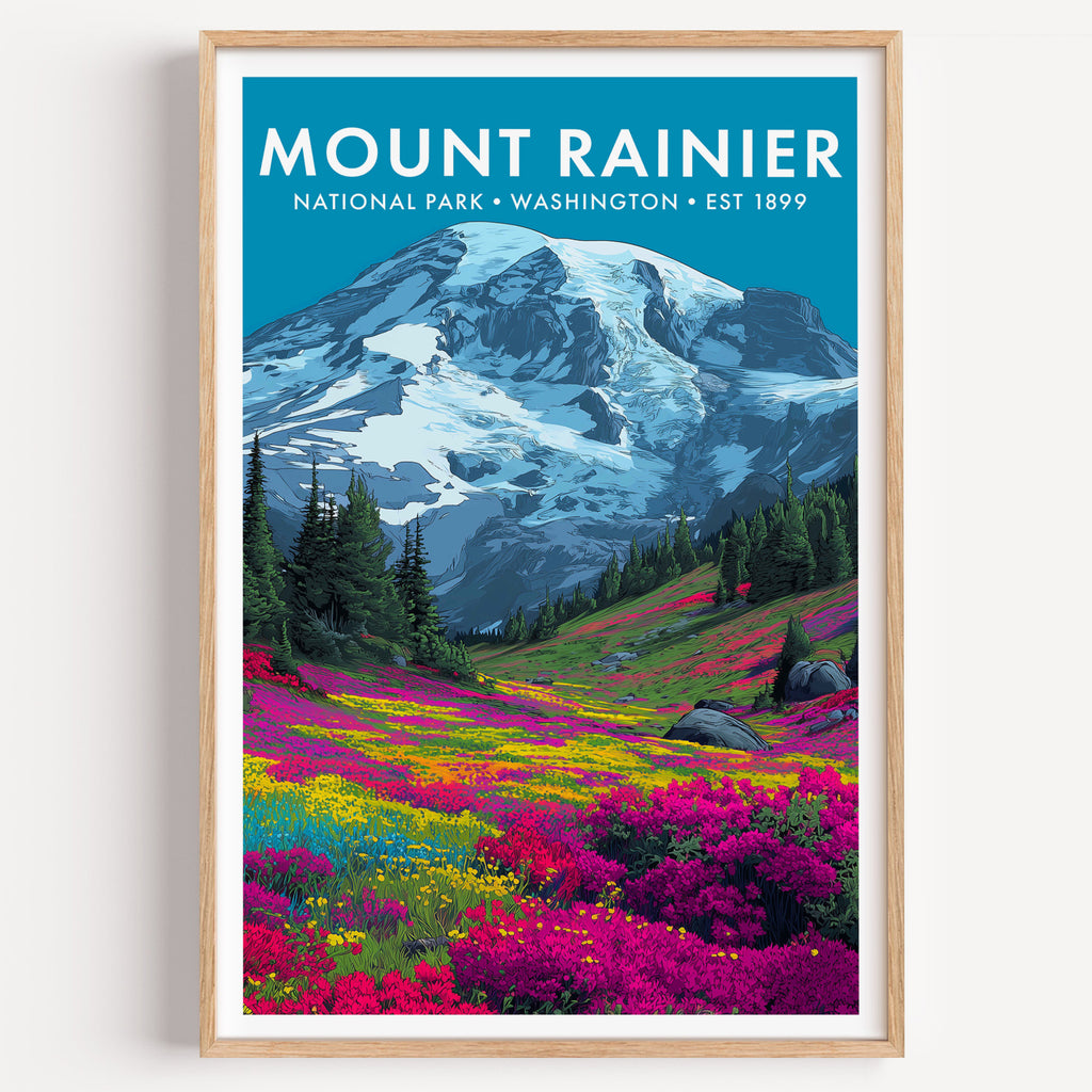 Mount Rainier National Park mid-century modern art print — Rainier's glaciers above a Paradise meadow gone electric magenta