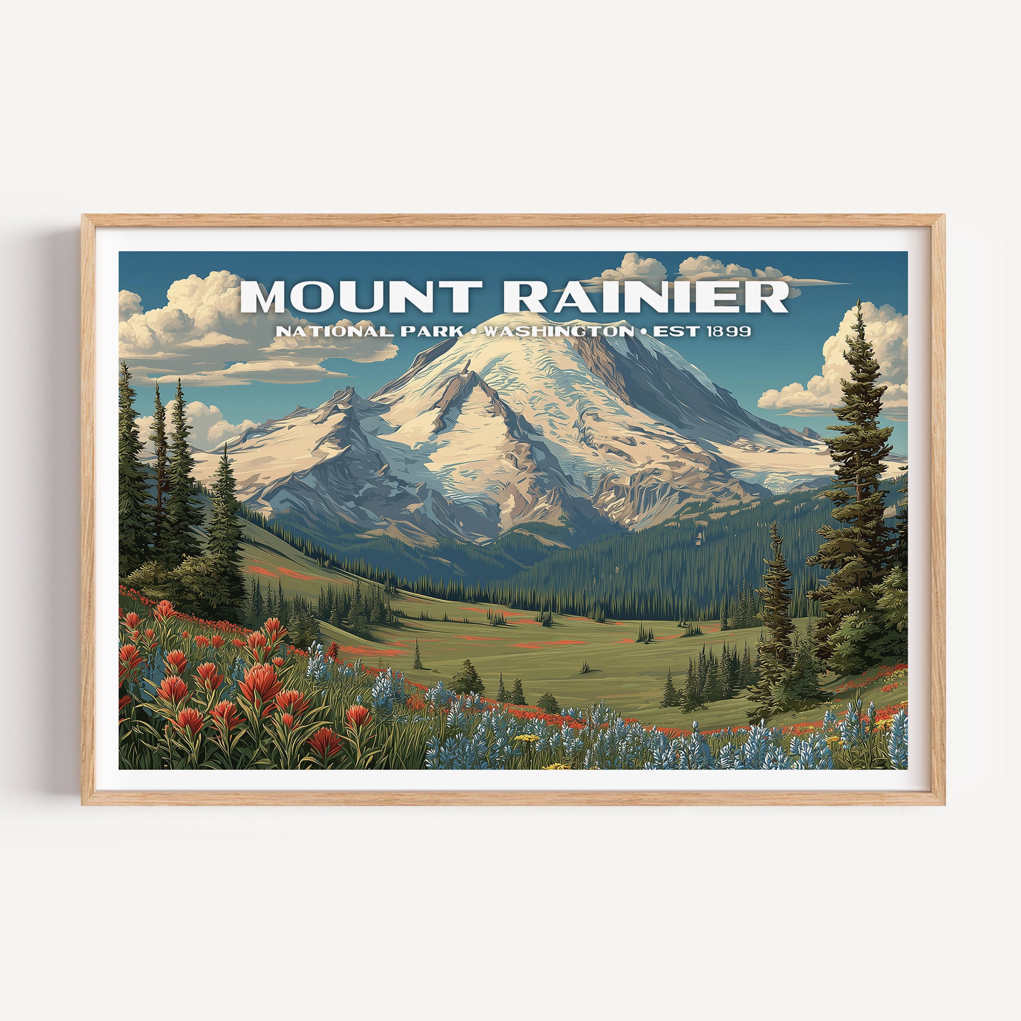 Glaciated Mount Rainier above a subalpine meadow of red paintbrush and lupine — Mount Rainier National Park vintage WPA travel poster print
