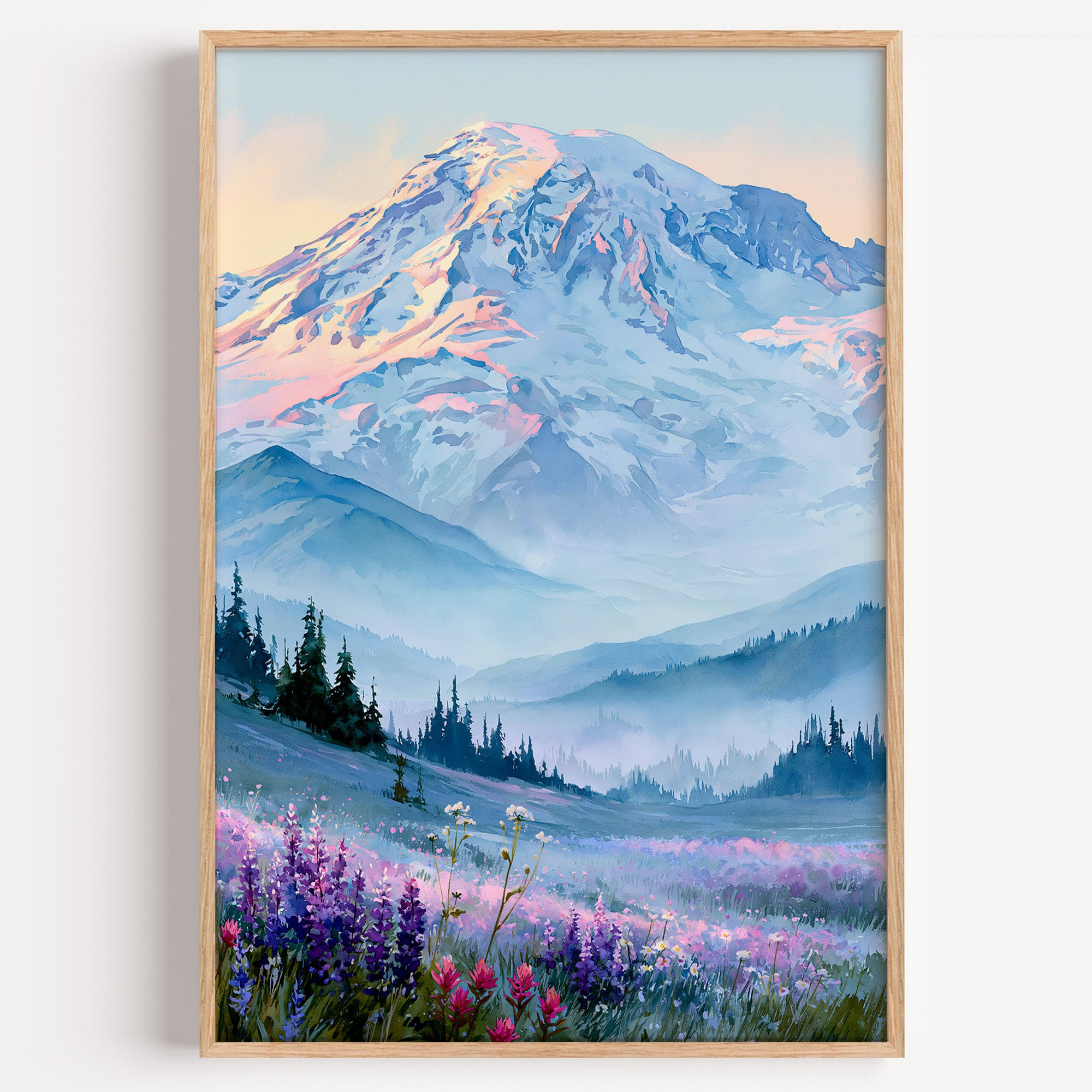 Mount Rainier National Park watercolor art print: Mount Rainier at dawn above a meadow of lupine and paintbrush
