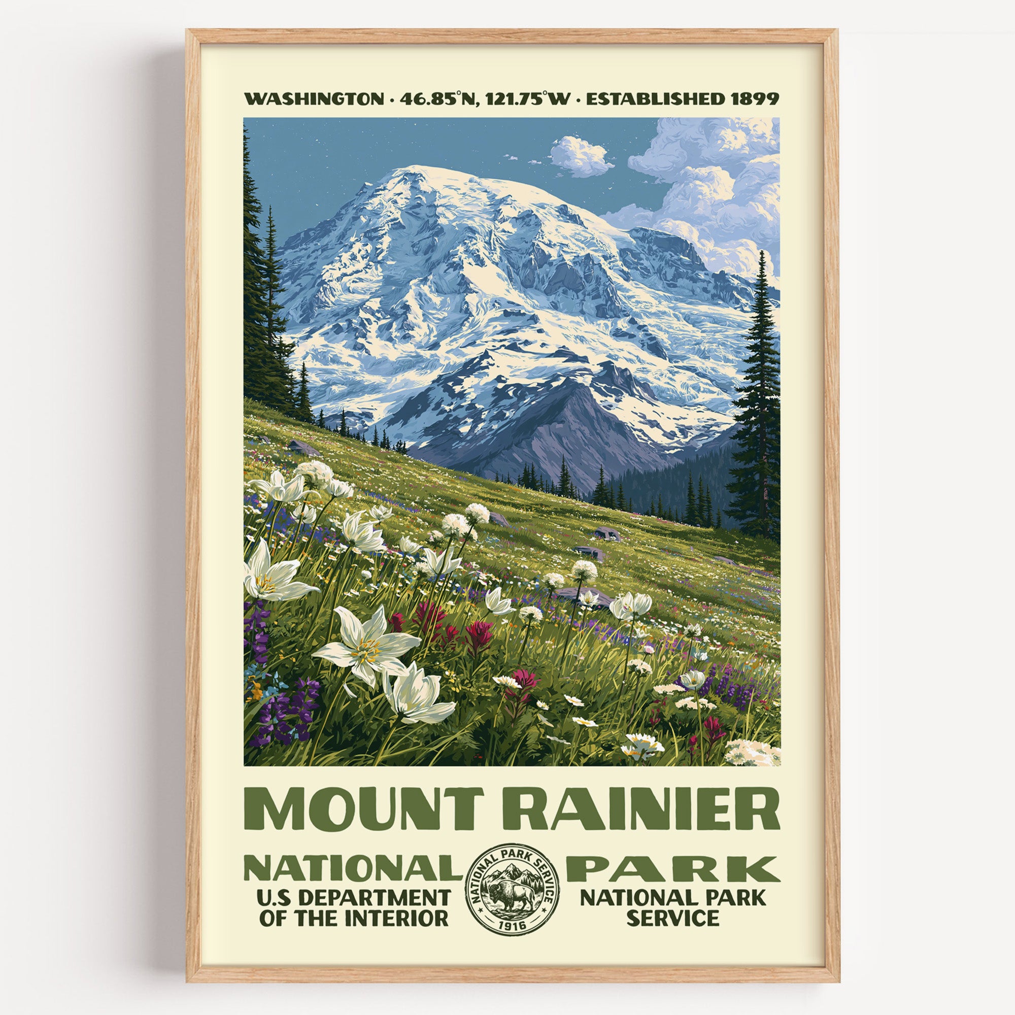 Mount Rainier National Park vintage WPA poster in a wood frame, the glaciated summit above a wildflower meadow at Paradise