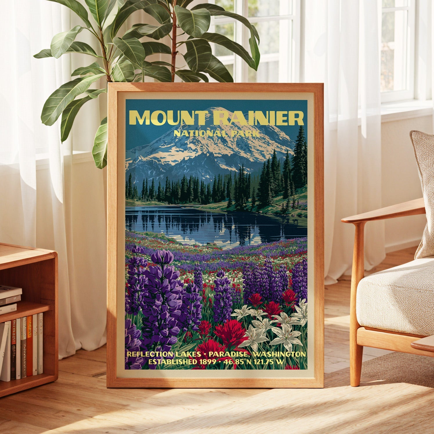 Mount Rainier vintage poster in oak, leaning by a sunlit window with sheer curtains and a low bookshelf