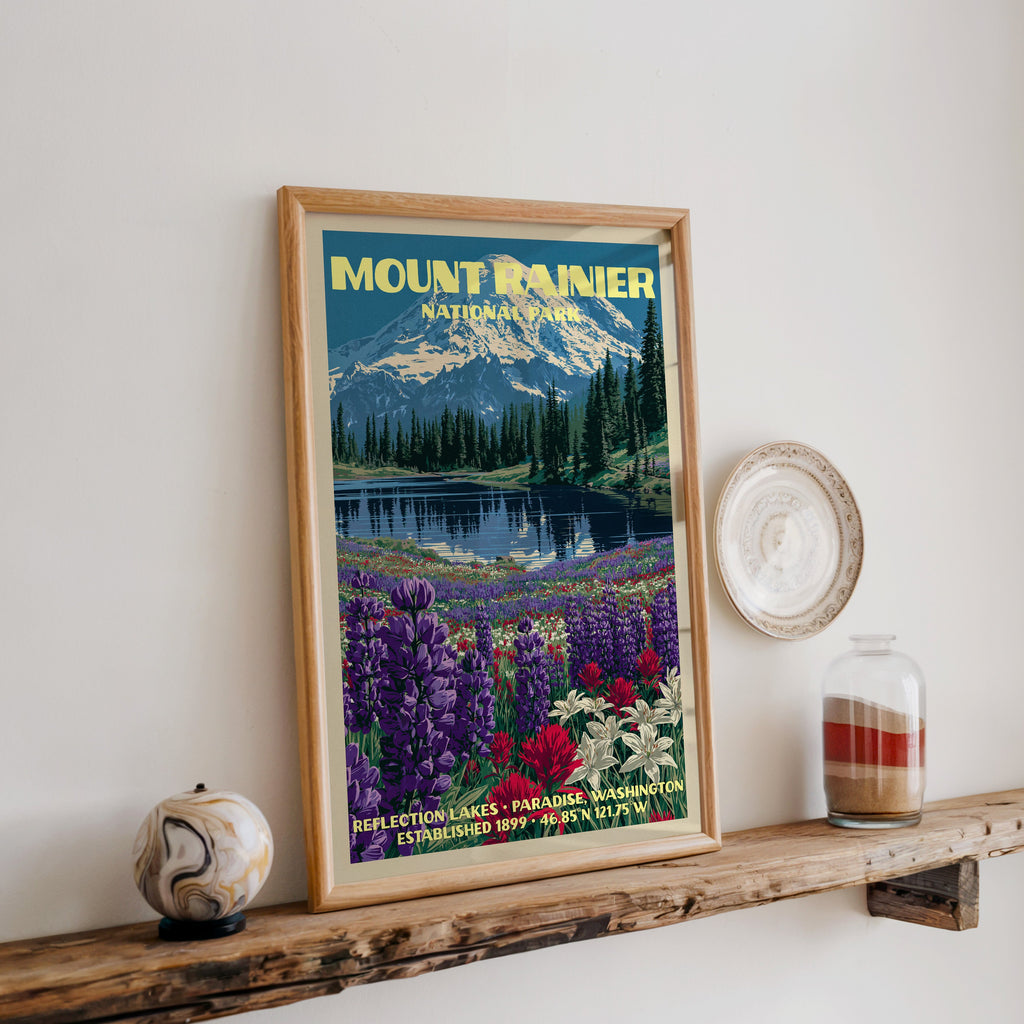 Mount Rainier Reflection Lakes print in oak, leaning on a reclaimed wood ledge with a marbled sphere and sand jar