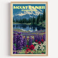 Reflection Lakes Mount Rainier vintage poster in a light oak frame on a plain white wall