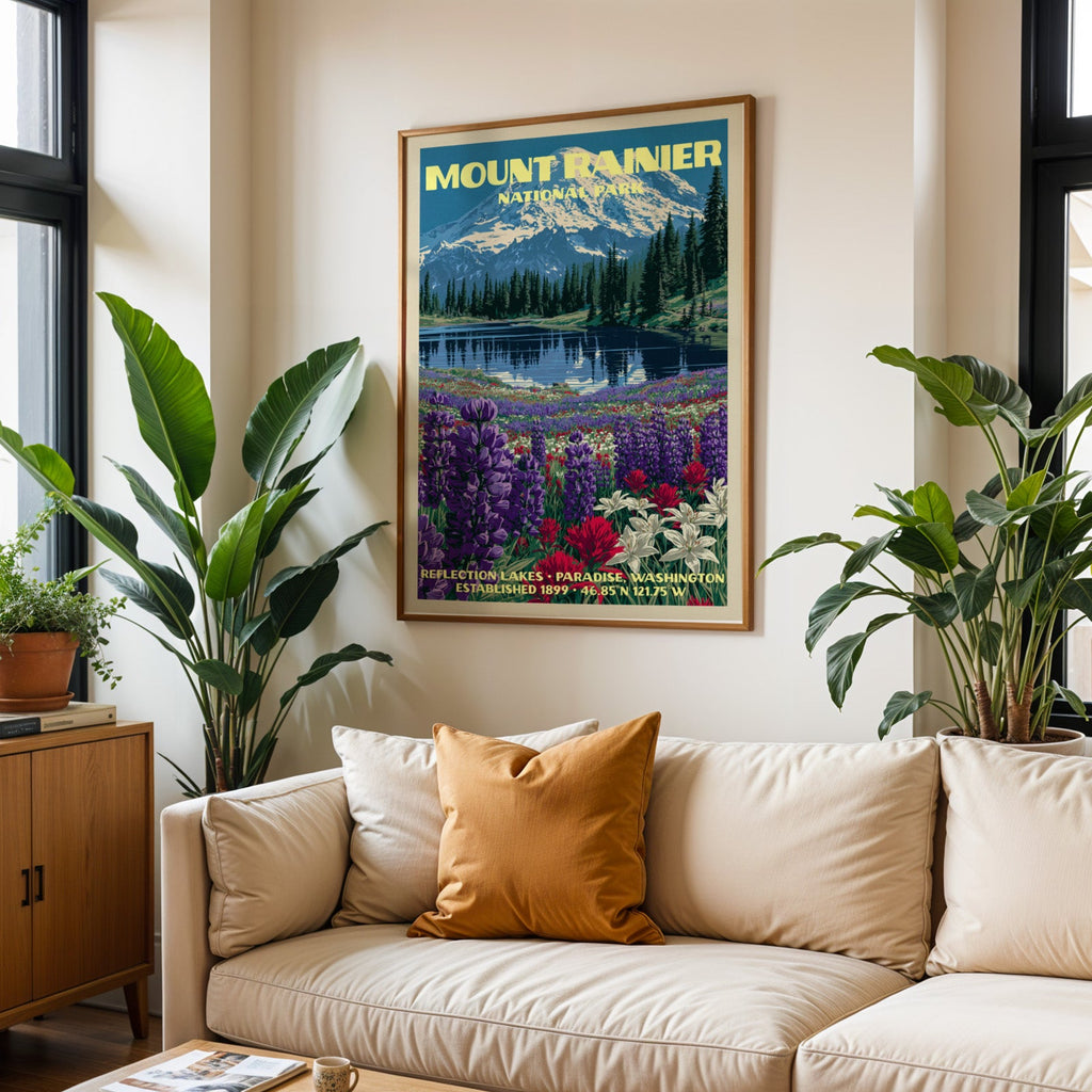 Mount Rainier vintage travel print in oak above a cream sofa with a rust cushion and tall houseplants