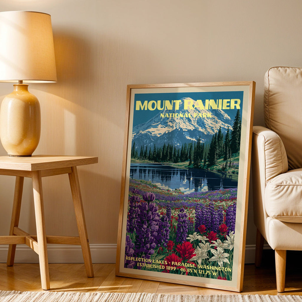 Reflection Lakes Mount Rainier wall art in oak, leaning by an armchair and a side table with an ochre lamp
