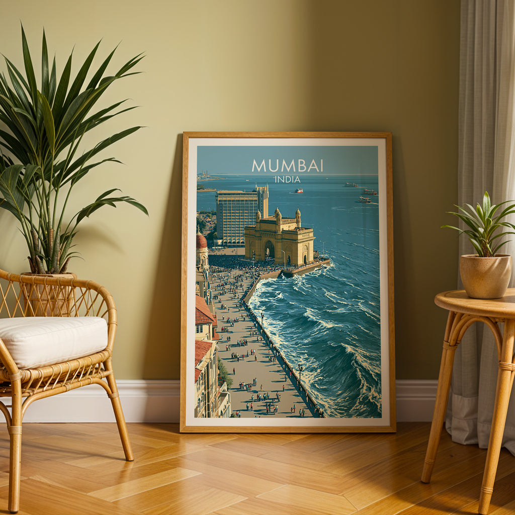 Large Mumbai India travel print in an oak frame leaning on a herringbone floor next to a rattan chair