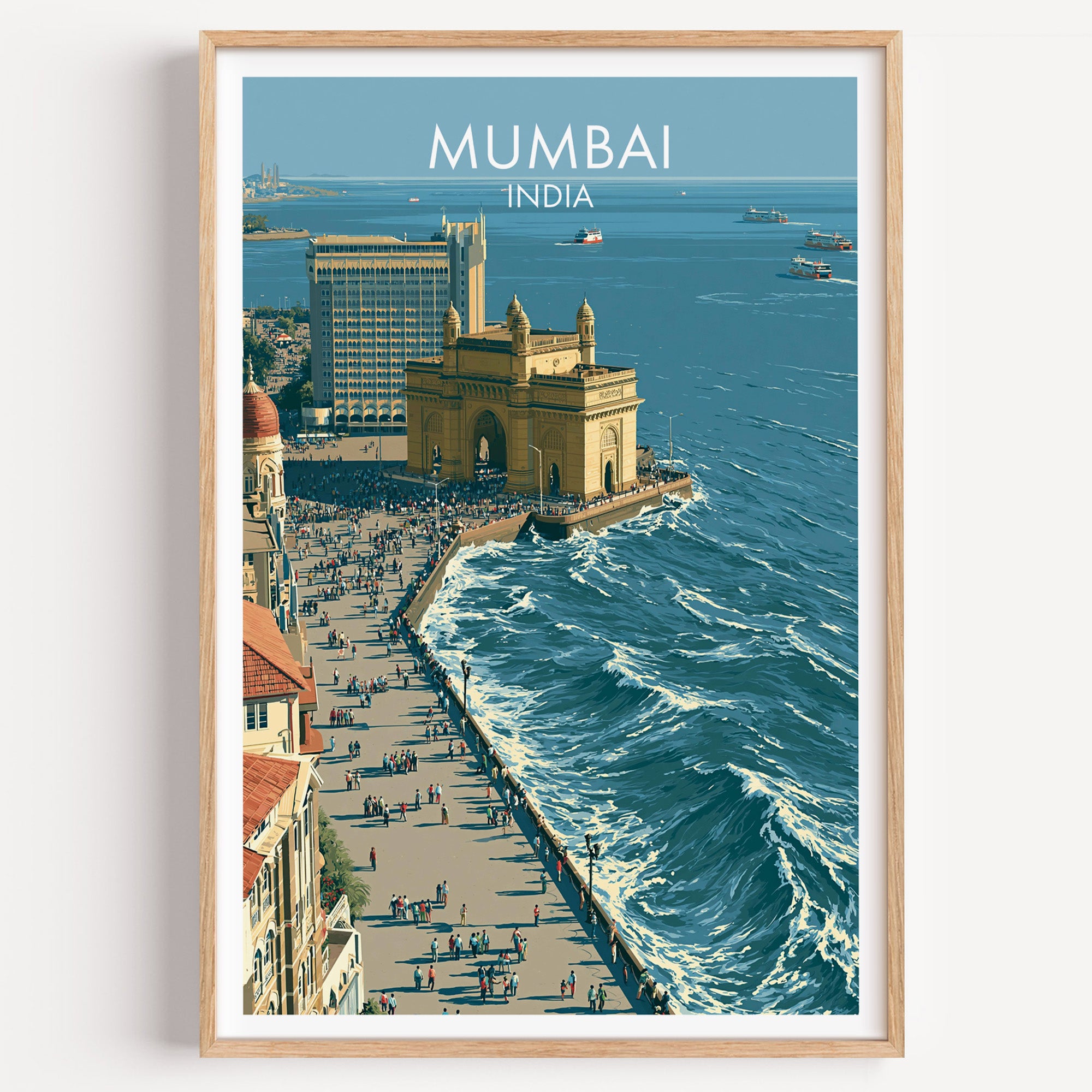 Mumbai India travel poster in a natural wood frame, shown against a clean white wall