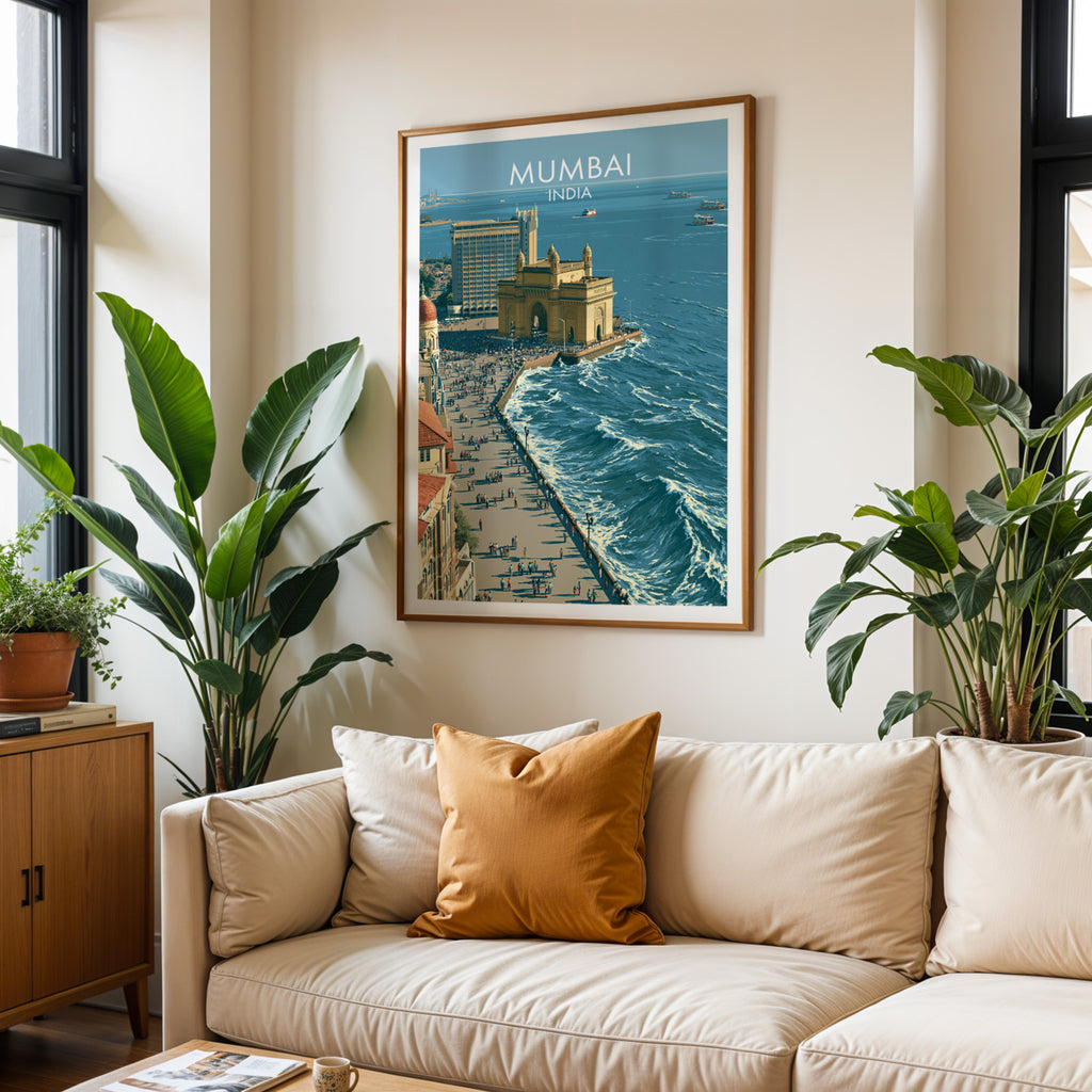 Framed Mumbai India wall art hanging above a cream sofa in a bright living room with tropical plants