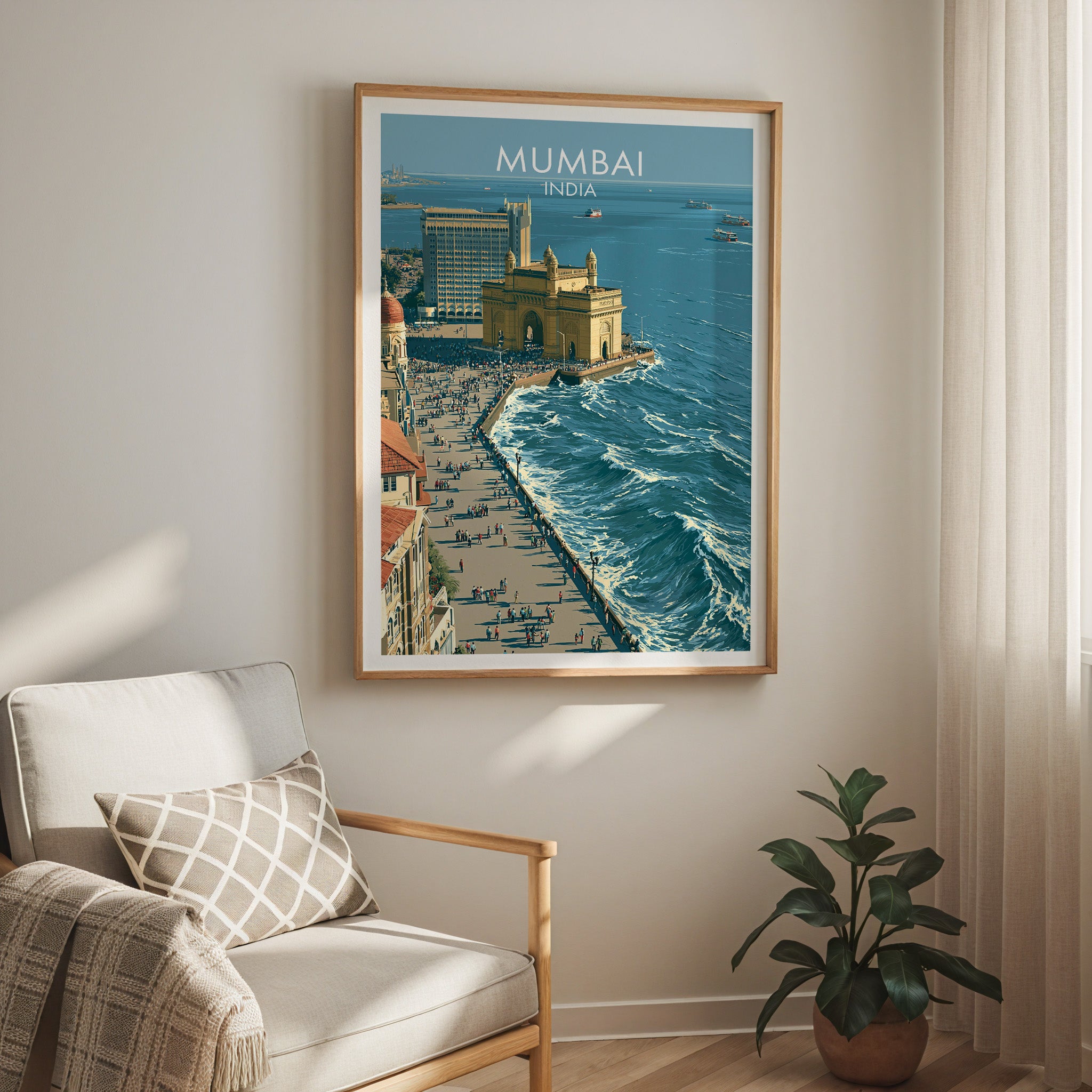 Mumbai India travel print in a light oak frame on a living room wall beside a linen armchair