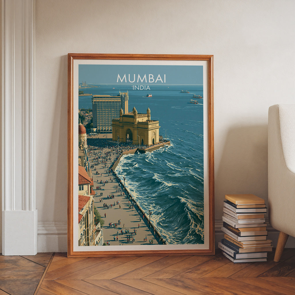 Mumbai India art print in a walnut frame leaning in a hallway beside stacked books