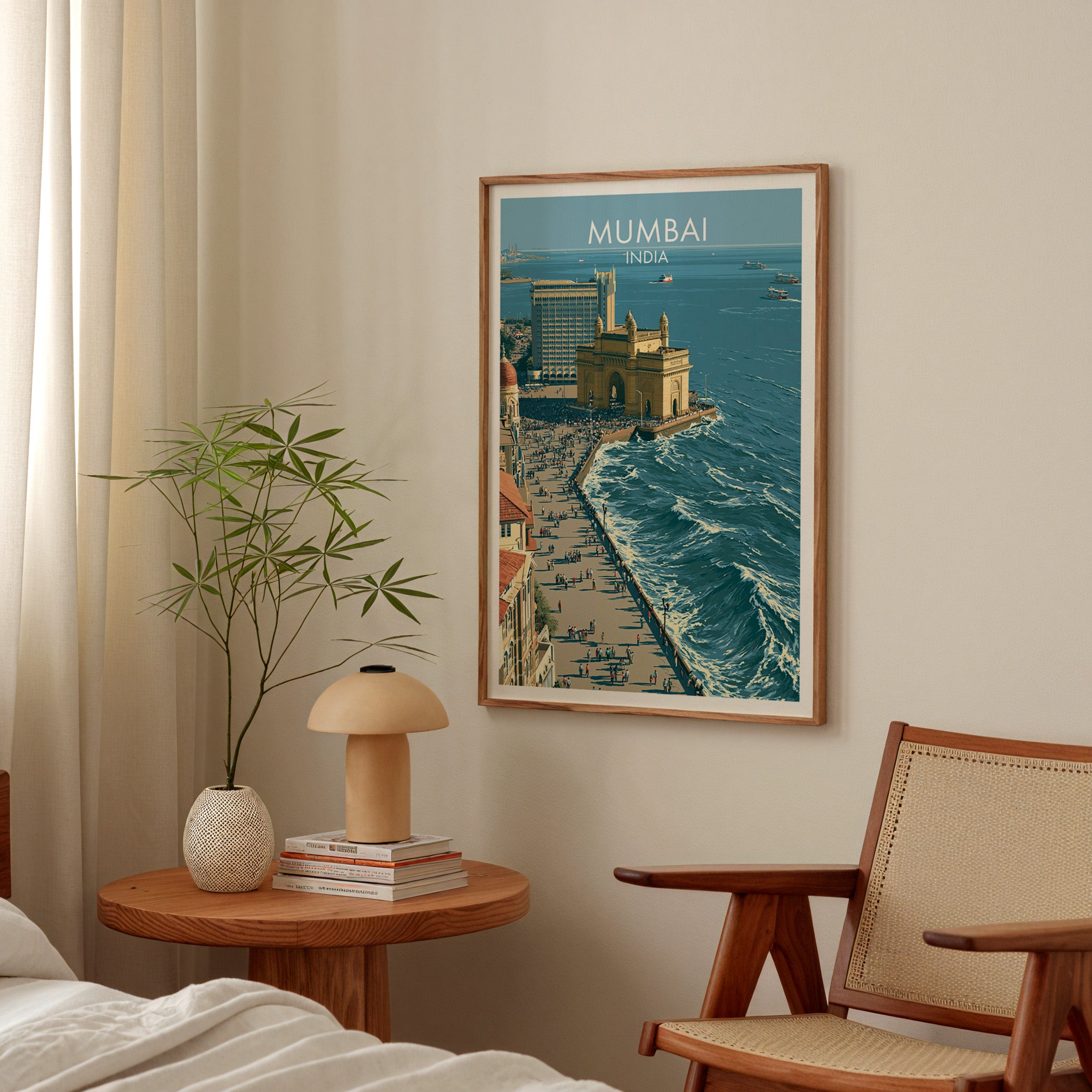 Mumbai India poster above a bedroom nightstand with a bamboo plant and mushroom lamp
