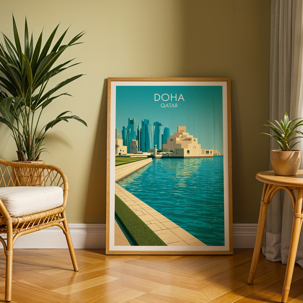 Large Doha Qatar travel print in an oak frame leaning on a herringbone floor next to a rattan chair