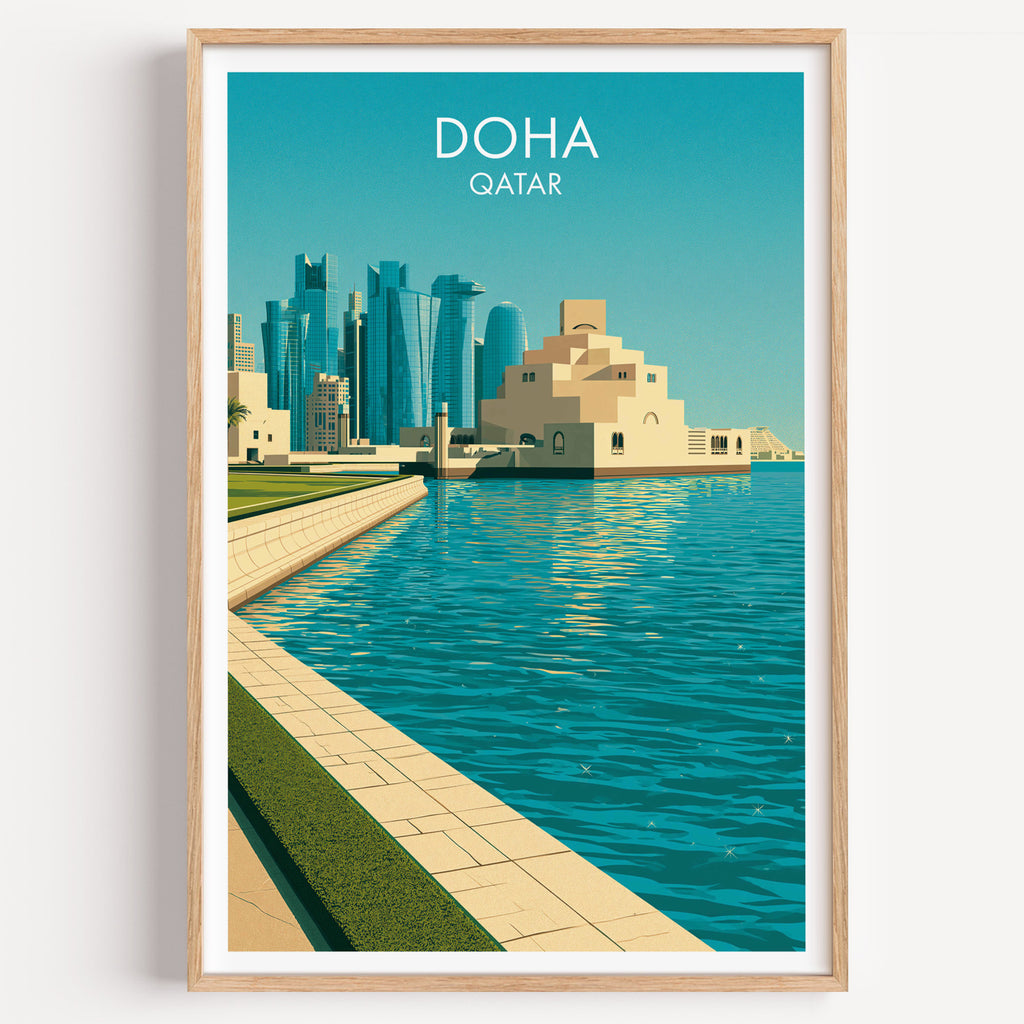 Doha Qatar travel poster in a natural wood frame, shown against a clean white wall