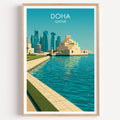 Doha Qatar travel poster in a natural wood frame, shown against a clean white wall