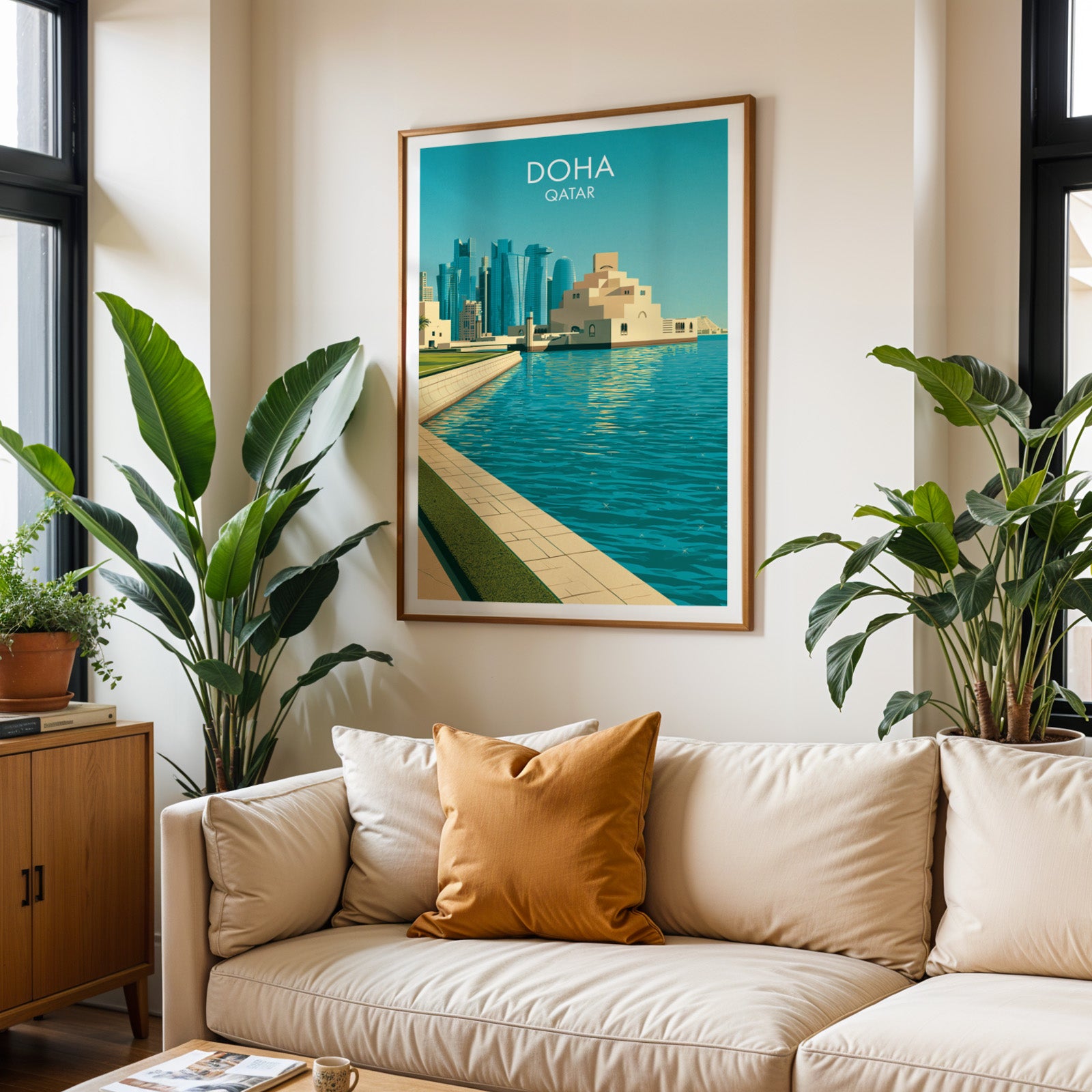 Framed Doha Qatar wall art hanging above a cream sofa in a bright living room with tropical plants