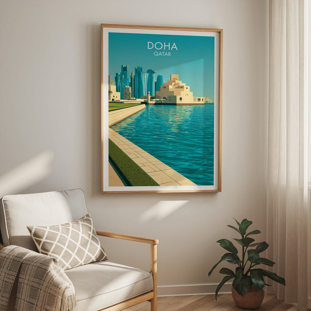 Doha Qatar travel print in a light oak frame on a living room wall beside a linen armchair