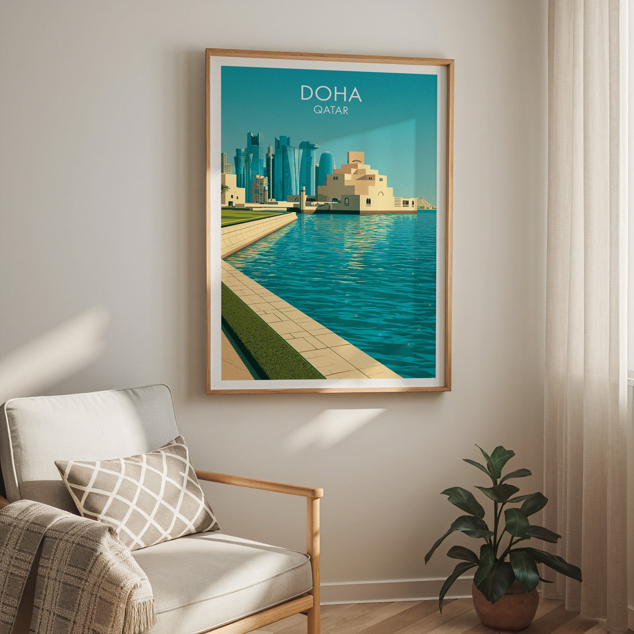Doha Qatar travel print in a light oak frame on a living room wall beside a linen armchair