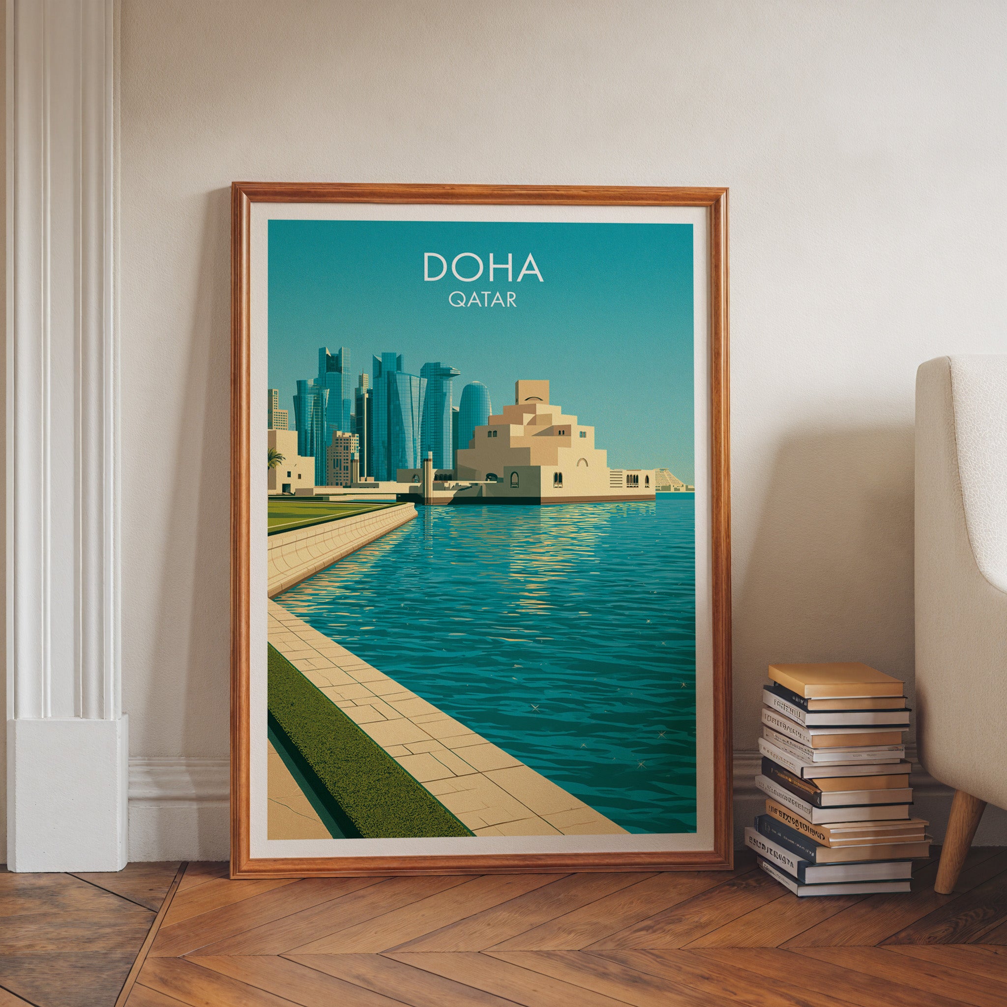 Doha Qatar art print in a walnut frame leaning in a hallway beside stacked books