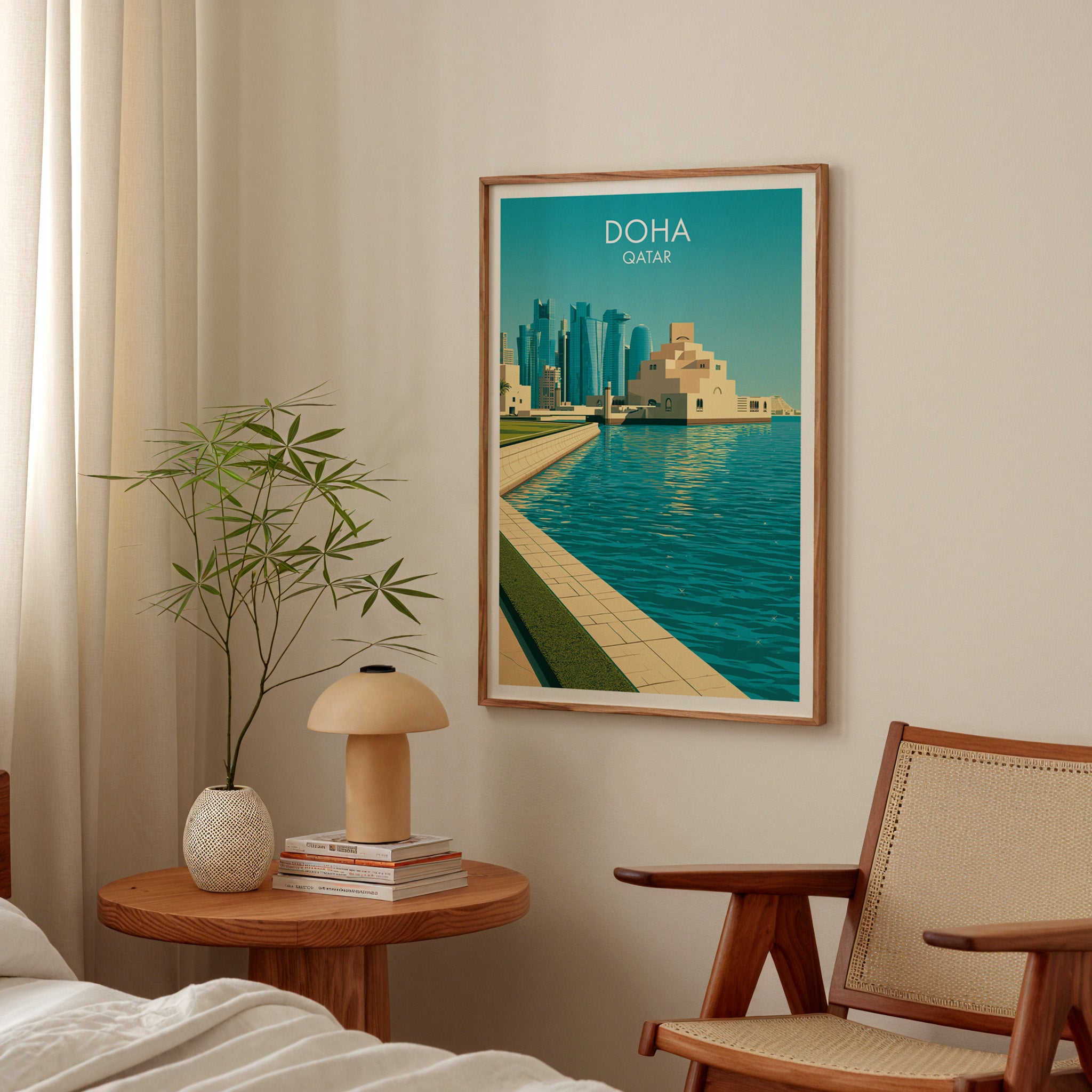 Doha Qatar poster above a bedroom nightstand with a bamboo plant and mushroom lamp