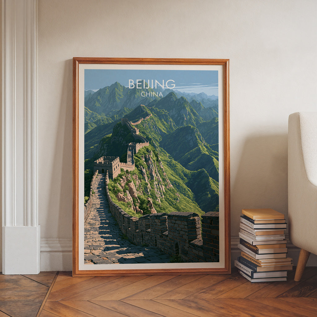 Great Wall of China Beijing art print in a walnut frame leaning in a hallway beside stacked books