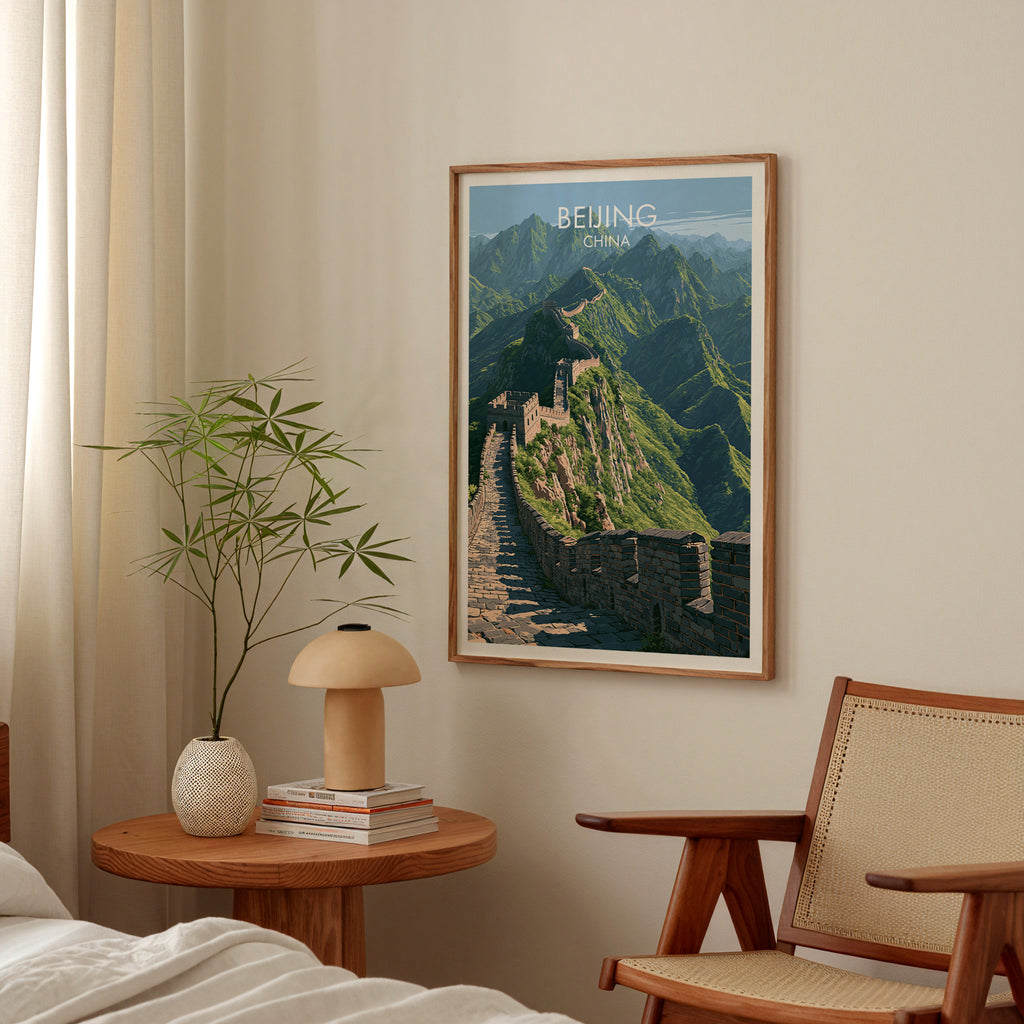 Great Wall of China Beijing poster above a bedroom nightstand with a bamboo plant and mushroom lamp