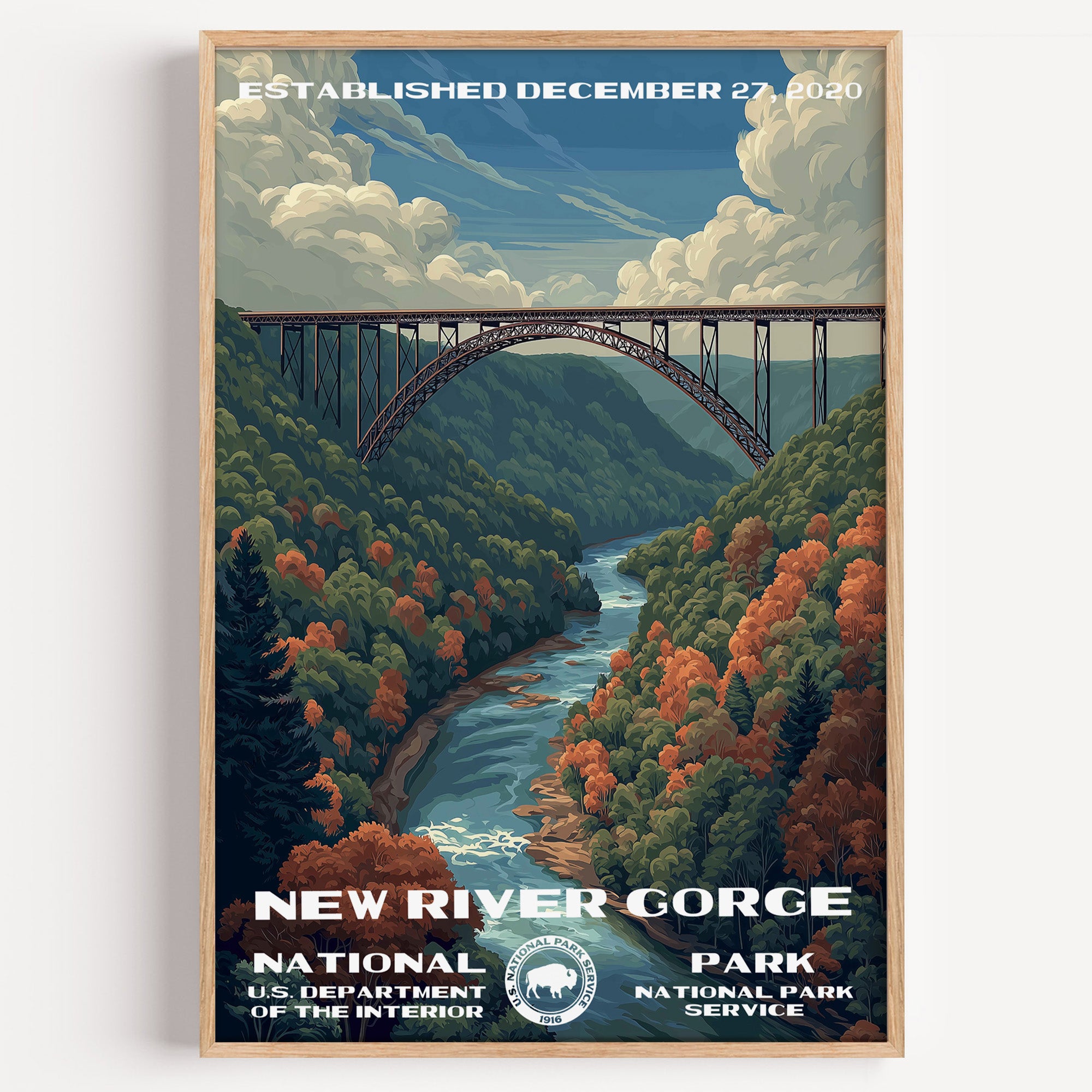 New River Gorge National Park vintage travel poster in a wood frame, the steel arch bridge spanning a gorge in autumn colour