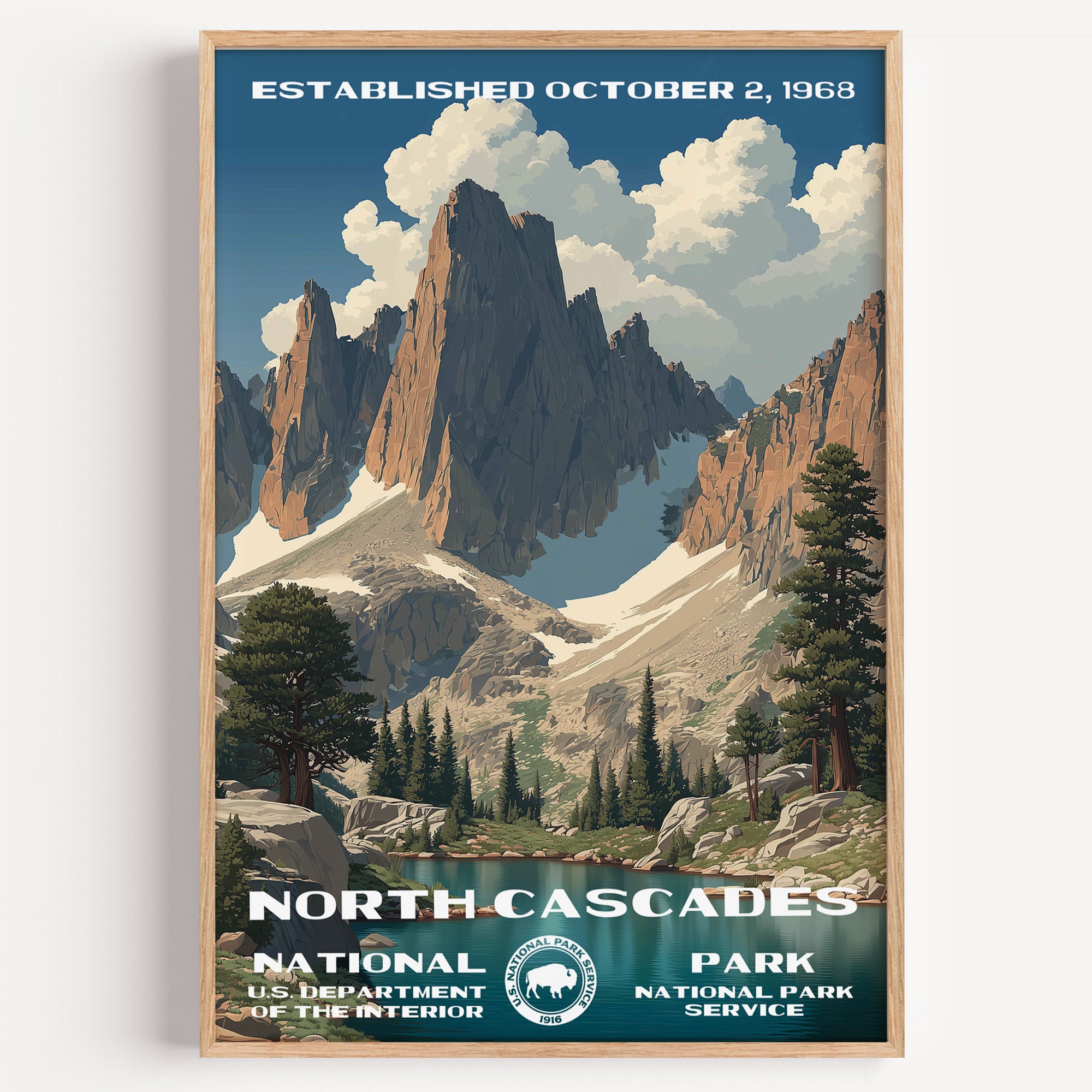 North Cascades National Park vintage travel poster in a wood frame, jagged granite peaks rising straight out of dense forest