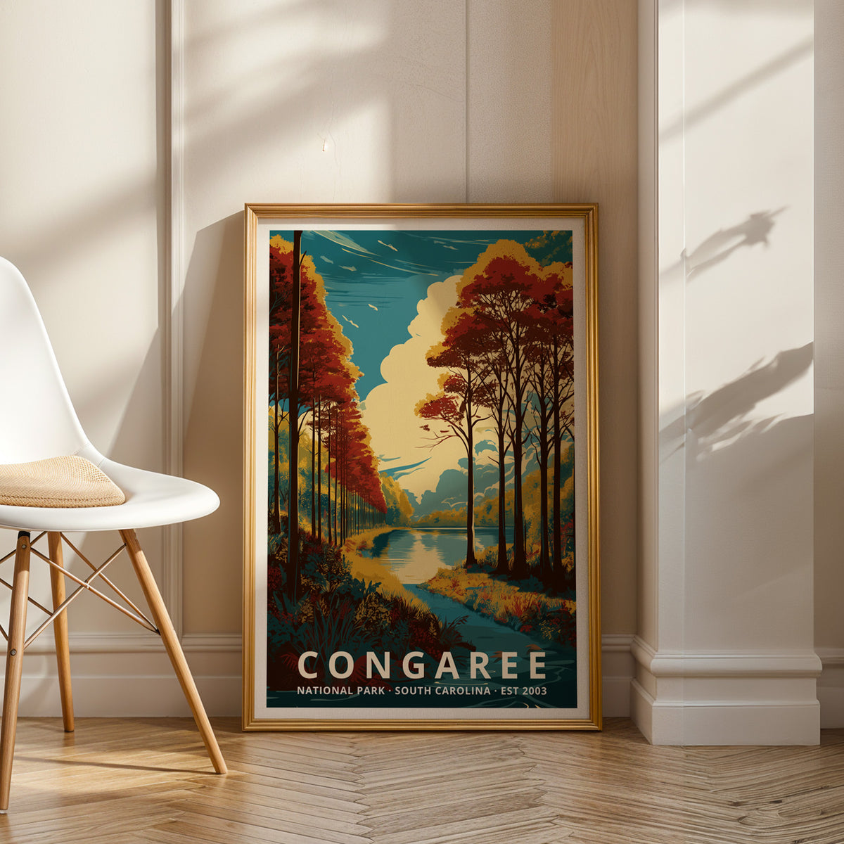 Framed Congaree National Park retro travel poster styled as gallery-quality wall art in a modern interior