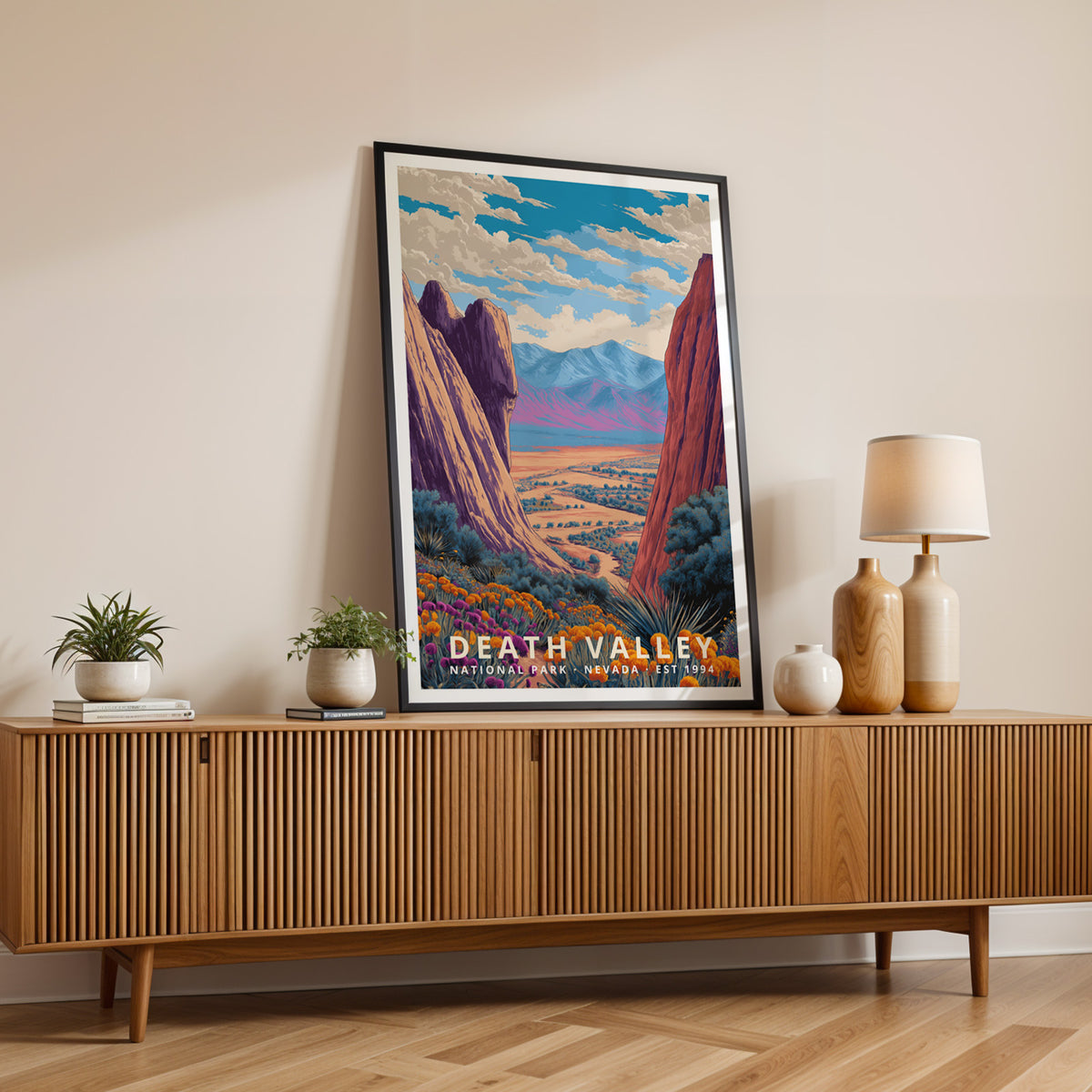 Death Valley National Park vintage-style travel print displayed as framed wall décor in a styled room