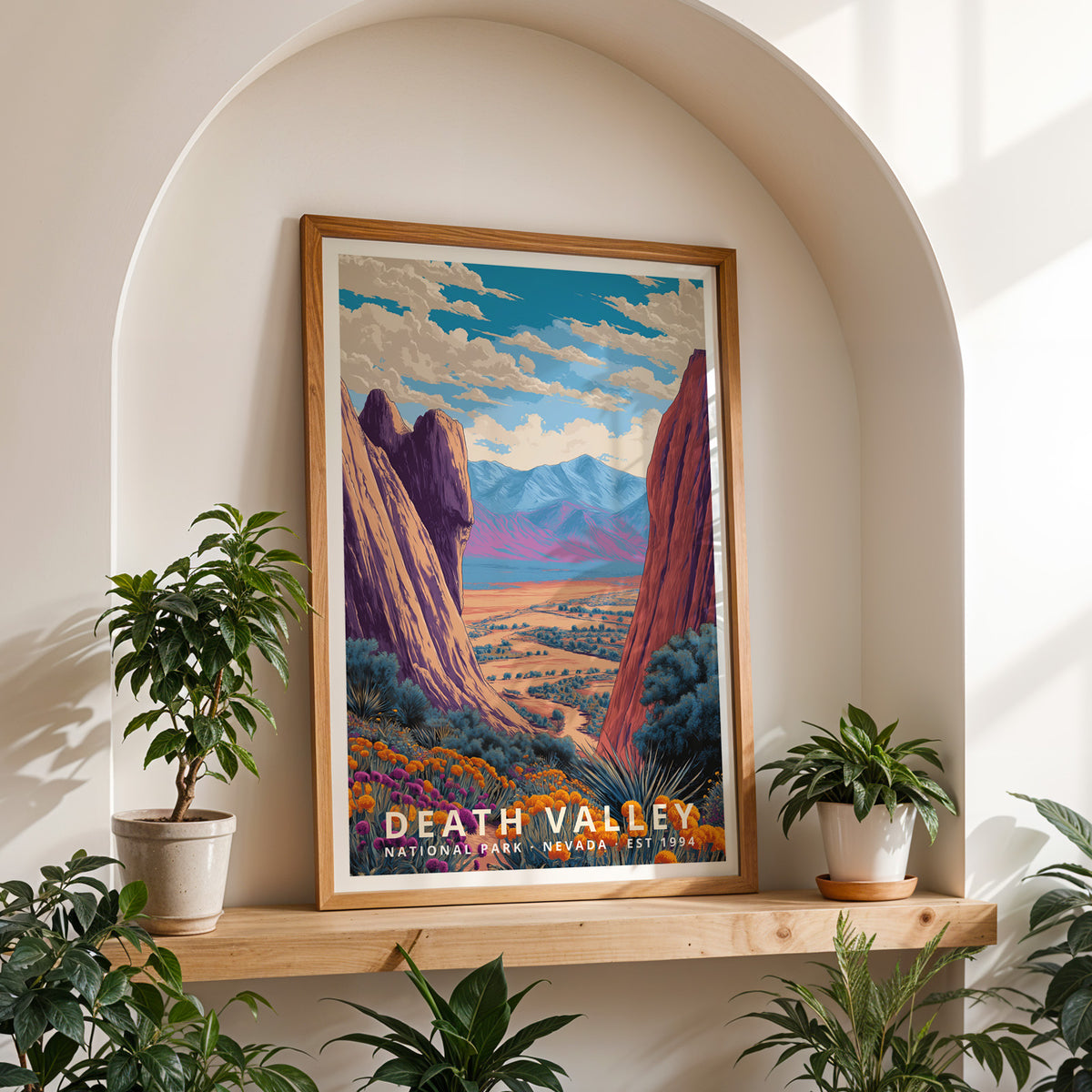 Framed Death Valley National Park travel print styled as home wall art for hikers and nature lovers