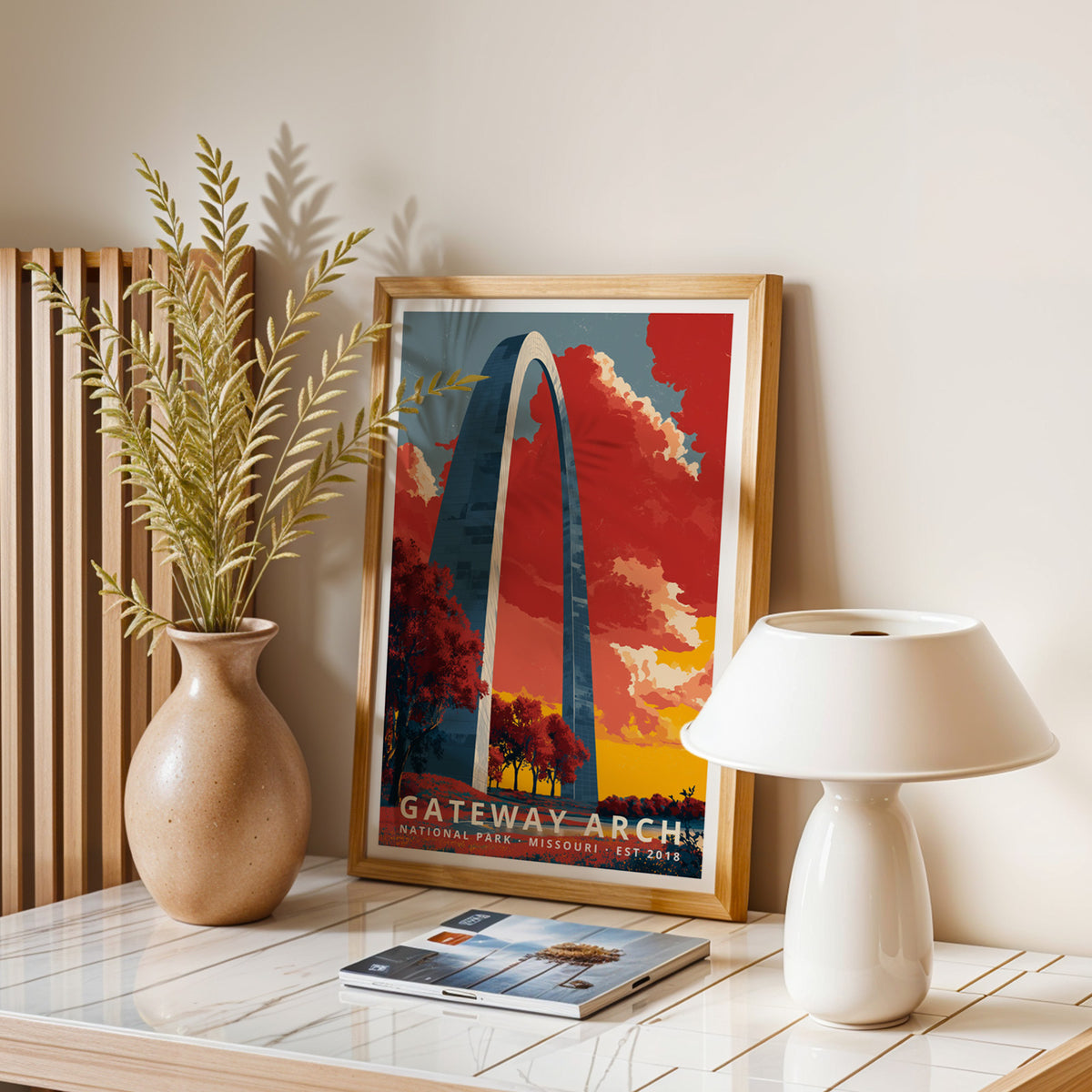 Gateway Arch National Park retro poster shown framed as a vertical travel print in a contemporary home