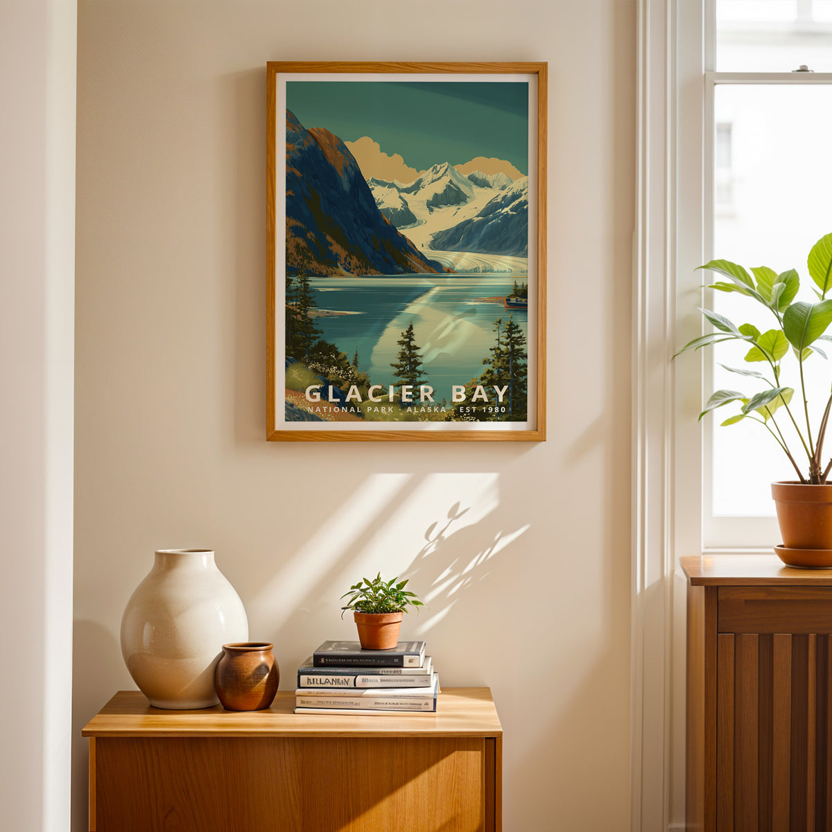 Framed Glacier Bay National Park poster shown as retro wall art for a living room or home office